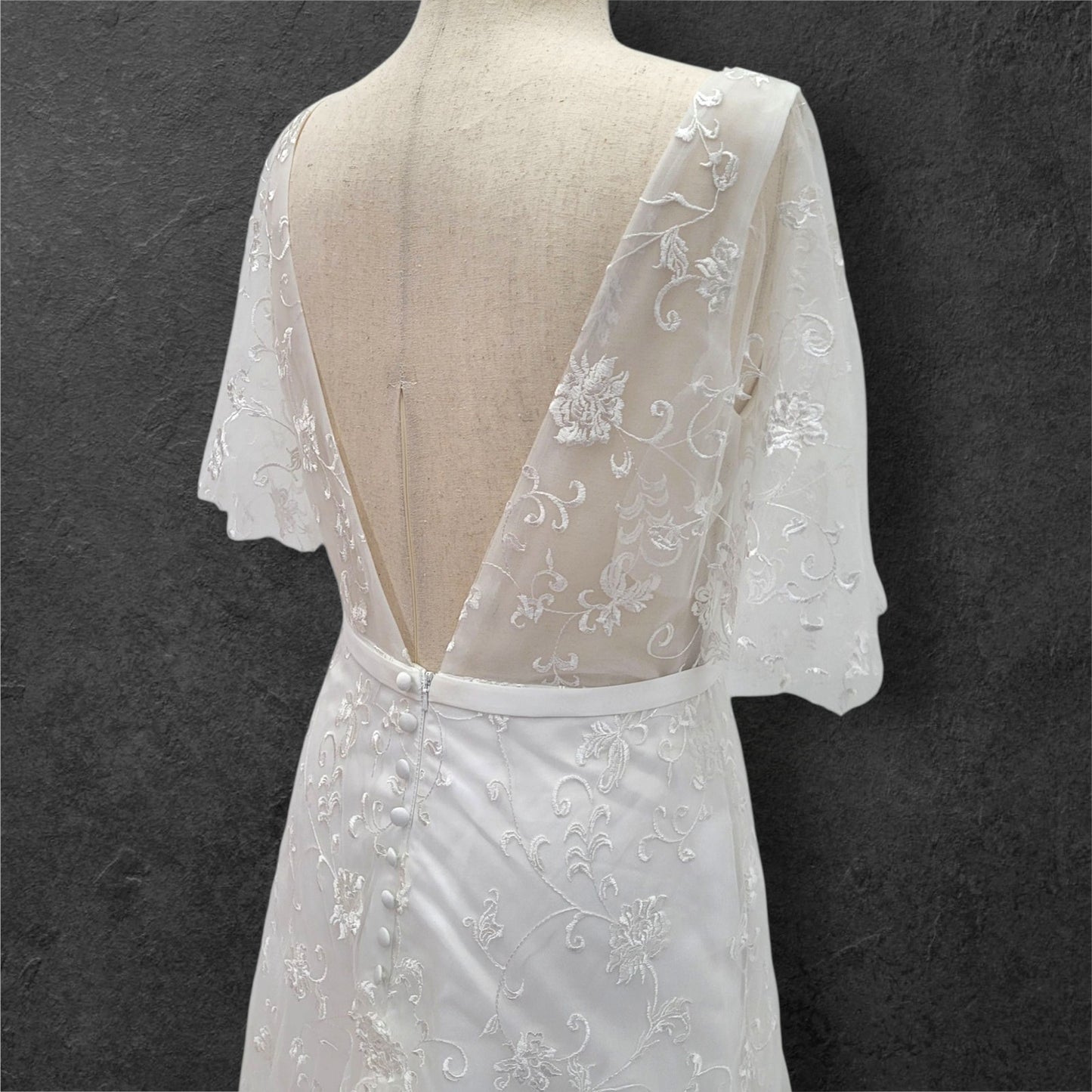 A Line Wedding Dress with Trumpet Sleeves and V Back