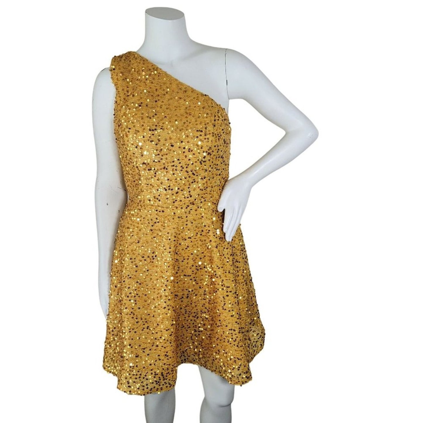 Women's Gold Sequin Dress Short Formal Gown One Shoulder