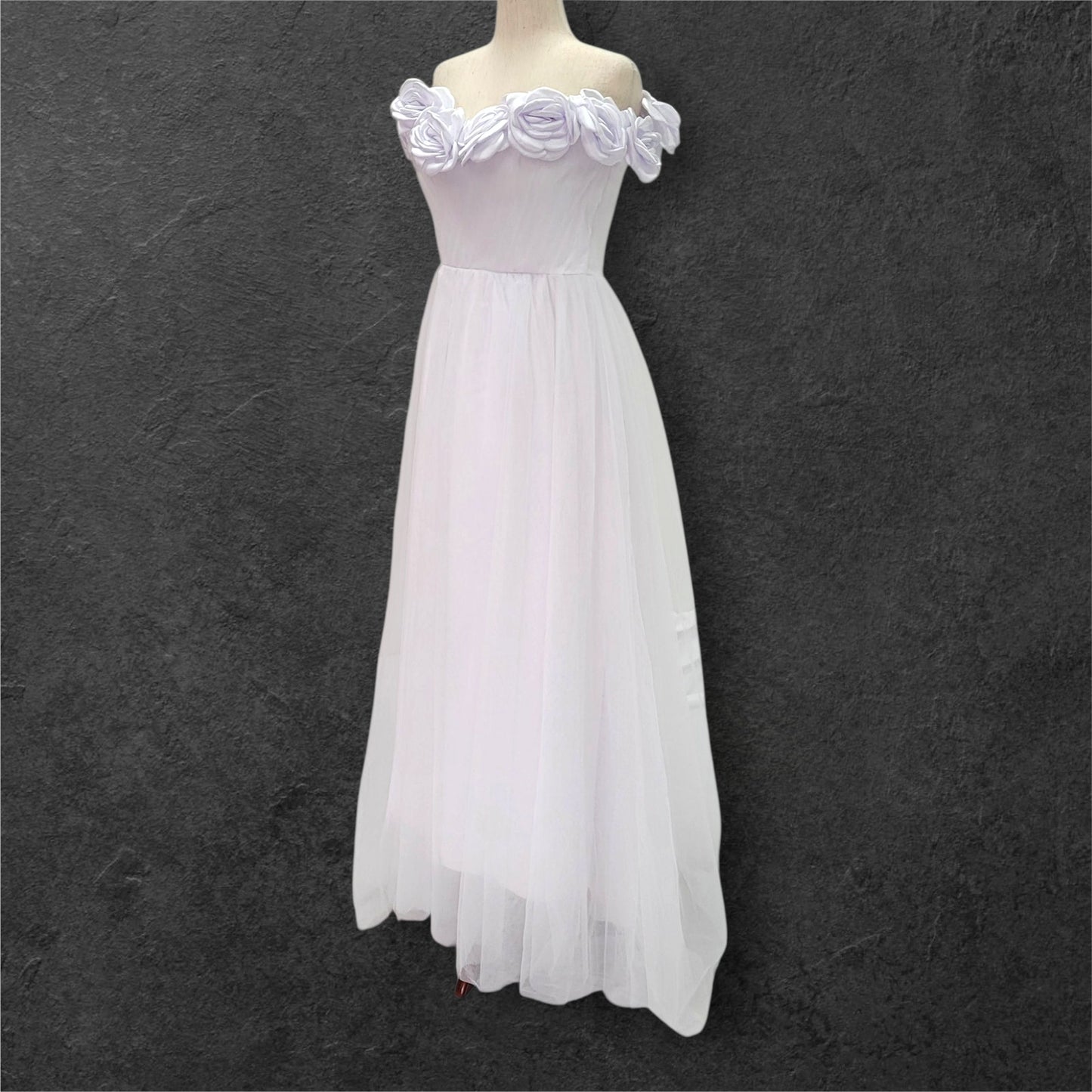Rose Adorned Wedding Dress with Off Shoulder Sleeves and Corset Back