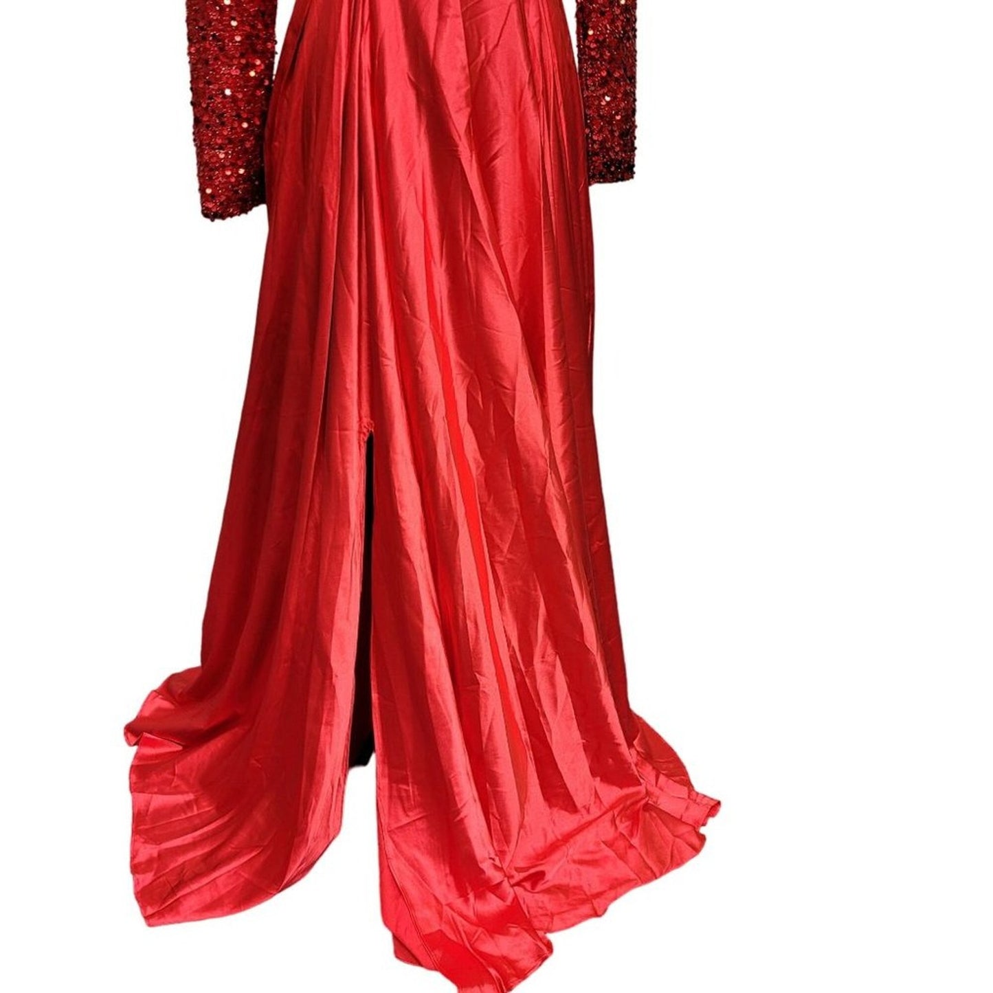 Bright Red Gala Gown with Sequin Bodice and Long Sleeves