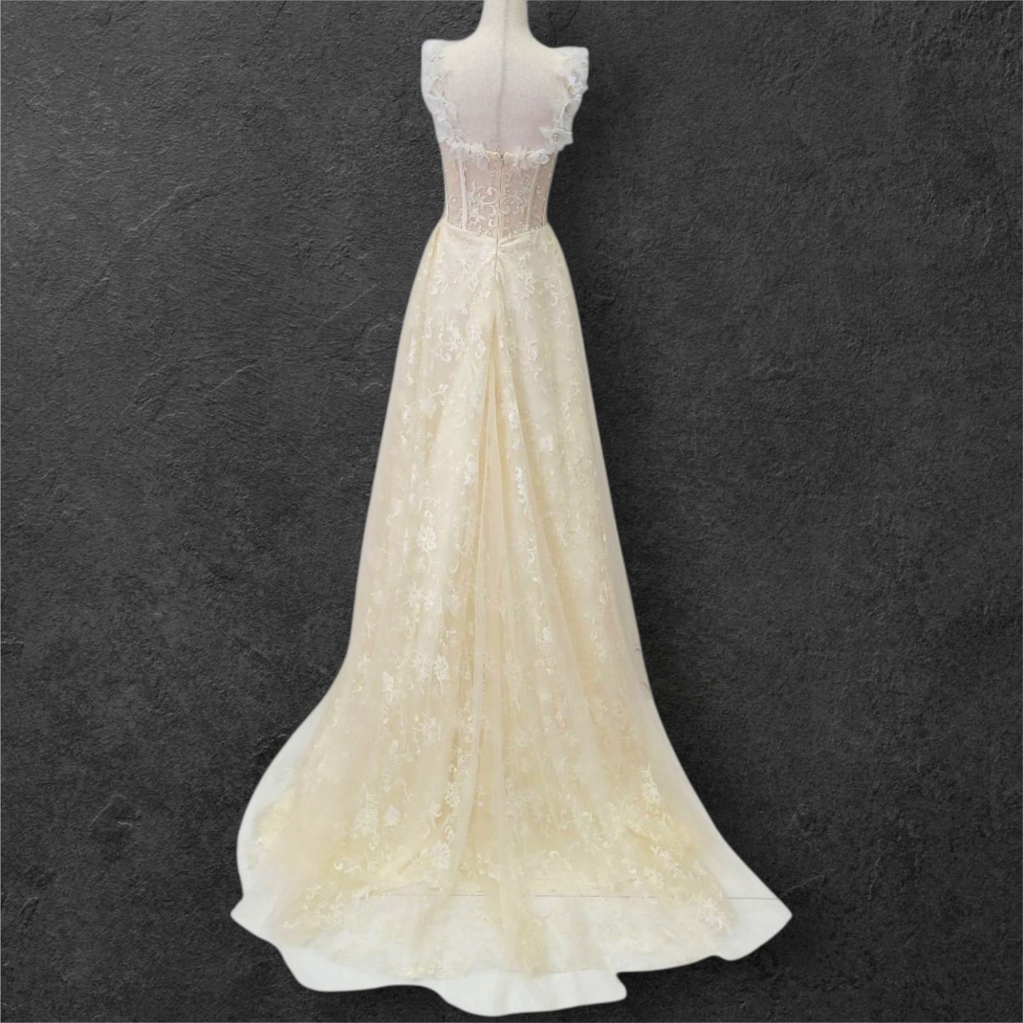 Champagne Floral Patterned Ballgown with White Flowers on Straps