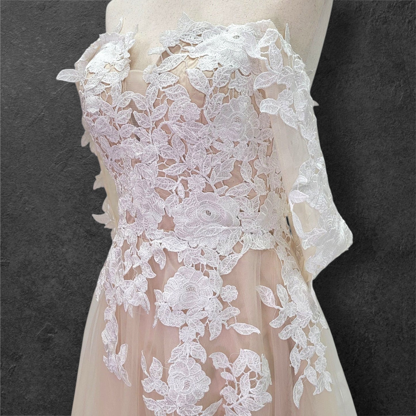 Beige Champagne Wedding Dress with White Floral Appliques