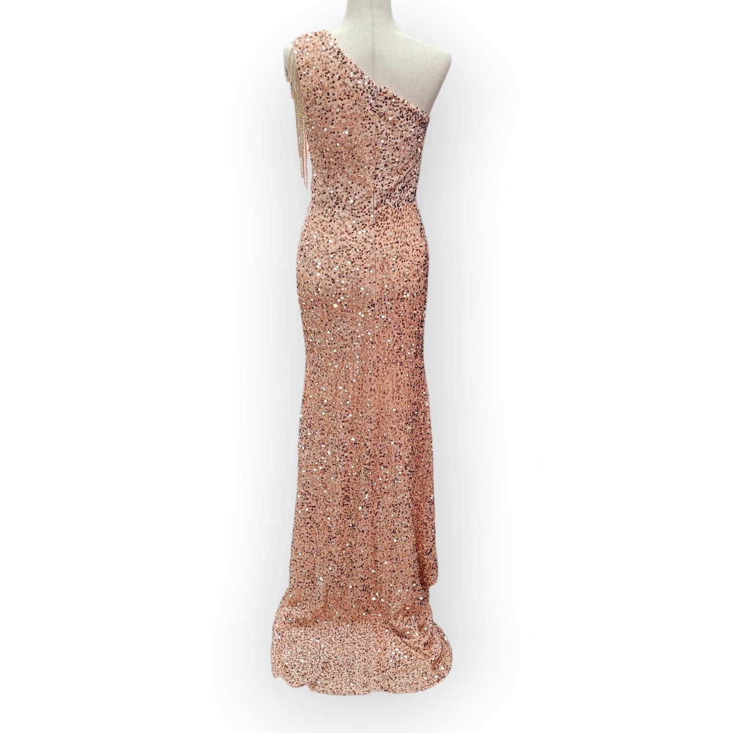 Rose Gold One Shoulder Cutout Sequin Gown with Train and Beaded Shoulder Overlay