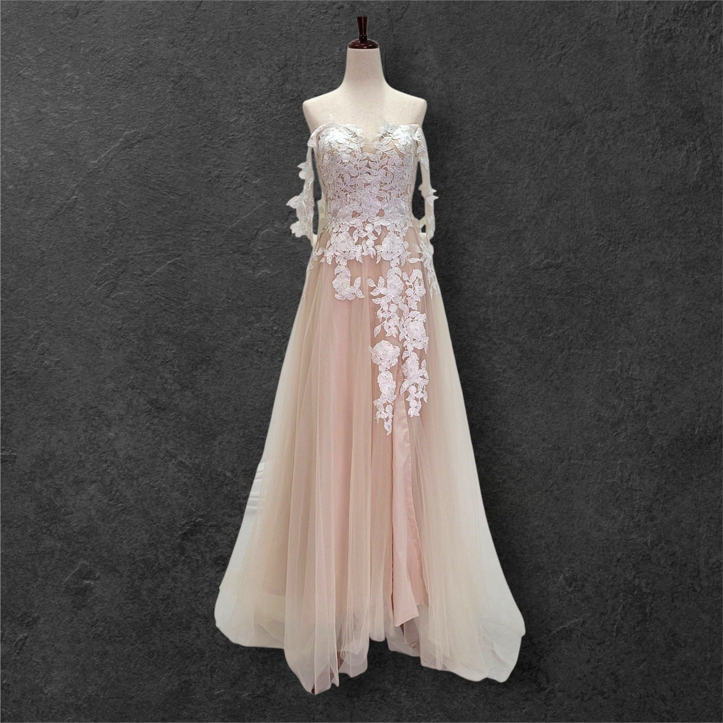 Beige Champagne Wedding Dress with White Floral Appliques