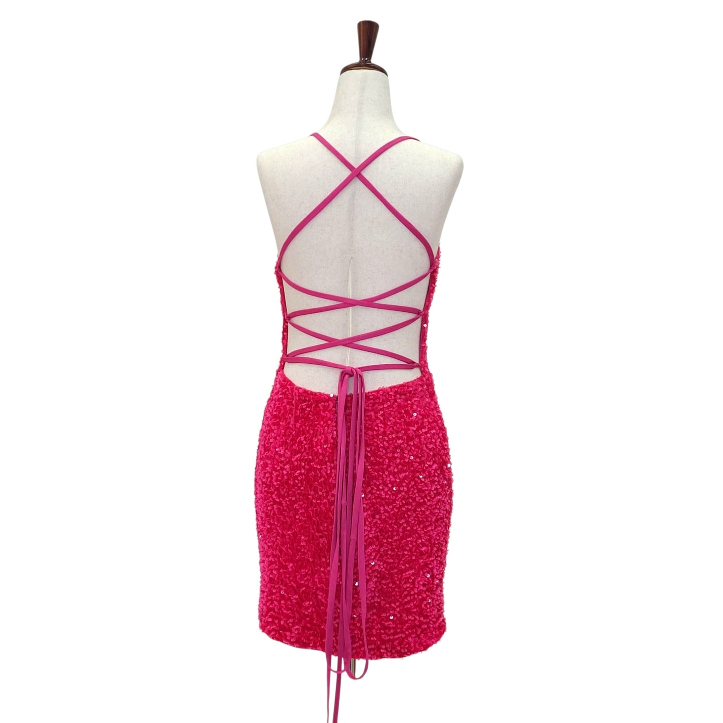 Women's Hot Pink Short Sequin Scoop Neck Corset Back Dress