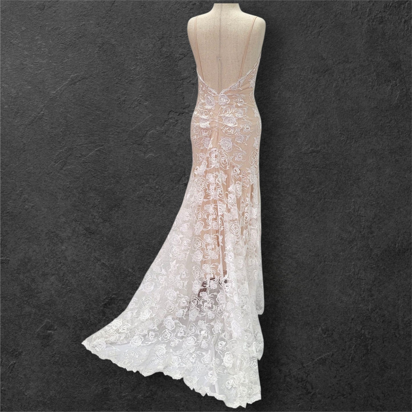 Beige Destination Wedding Dress with White Rose Overlay and Train