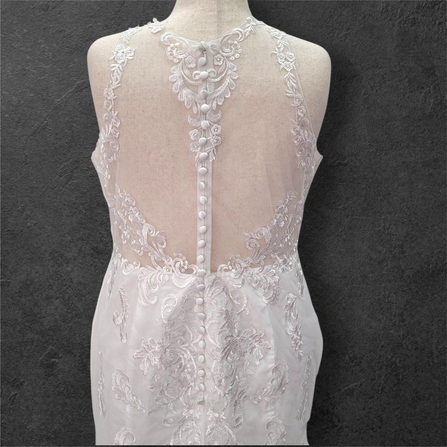 Halter Style Sleeveless Fit n Flair Wedding Dress with Sheer Mesh Back