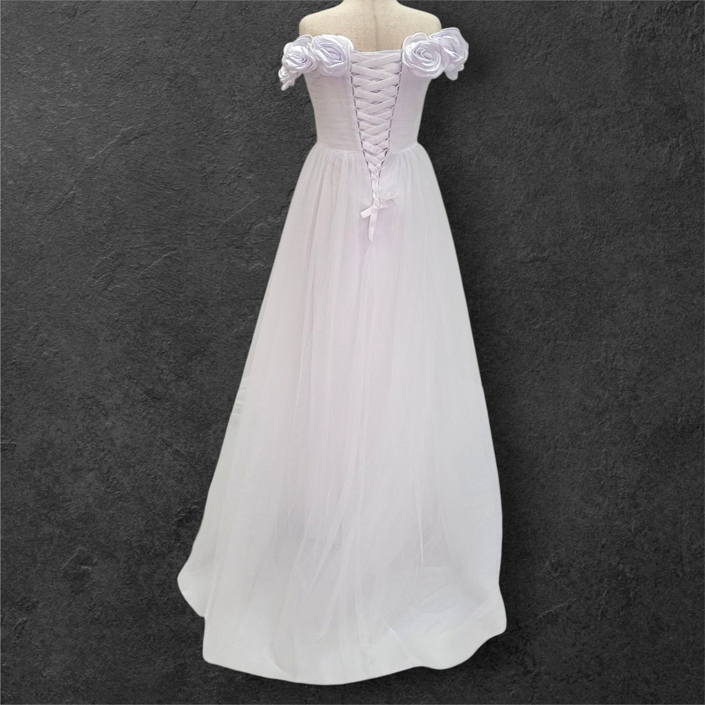 Rose Adorned Wedding Dress with Off Shoulder Sleeves and Corset Back