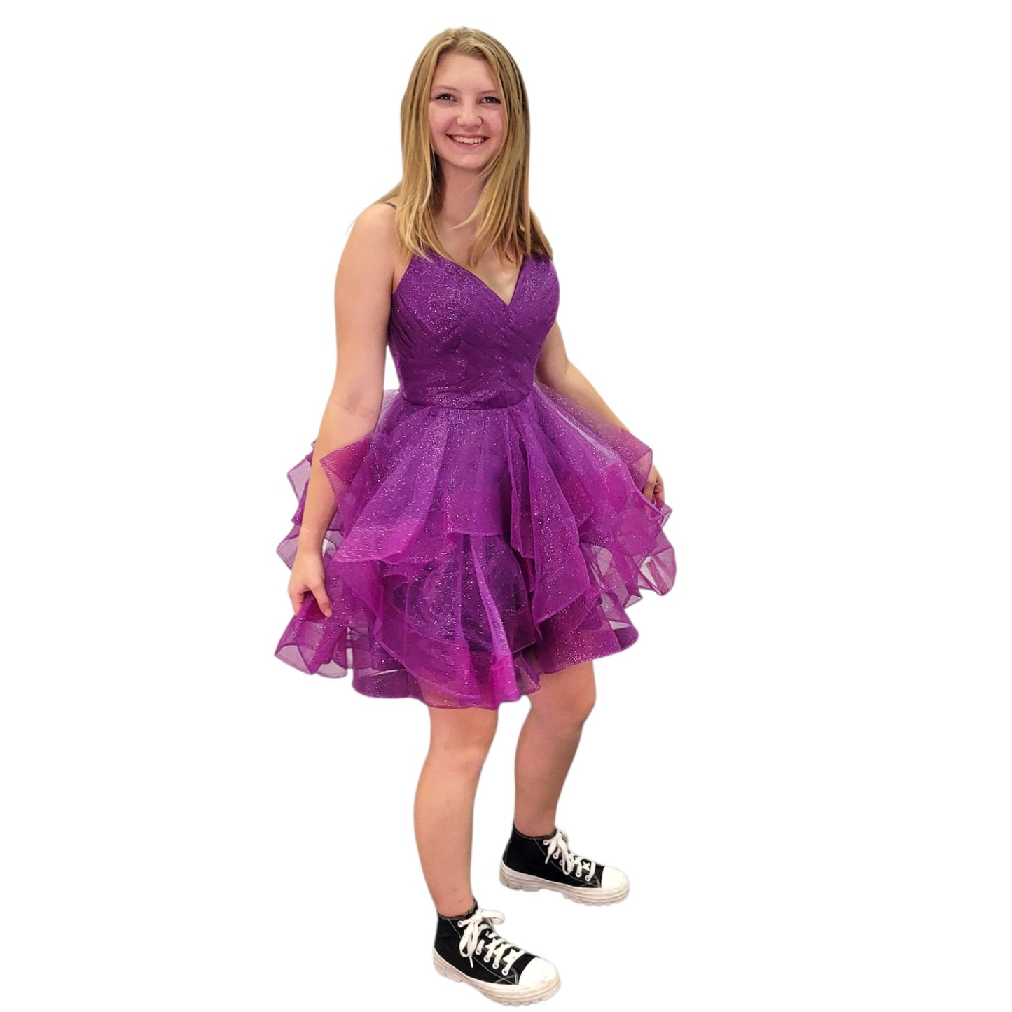 Short Tulle Sparkle Layered Dress with Mesh Top and Straps