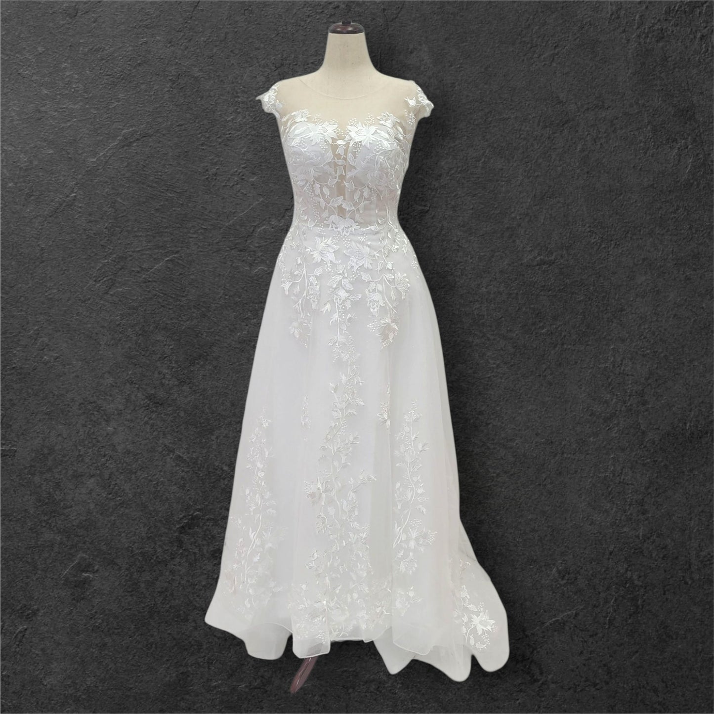 Cap Sleeve Wedding Dress with Floral Embroidery on Sparkle Fabric