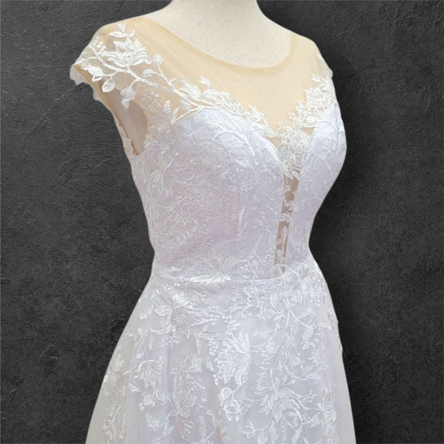 Deep V Neck Wedding Dress with Mesh Lace Cap Sleeves