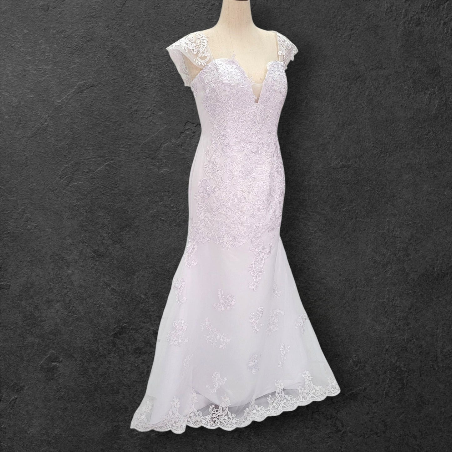 Fit n Flair Wedding Dress with Deep Sweetheart Neckline and Wide Sleeves