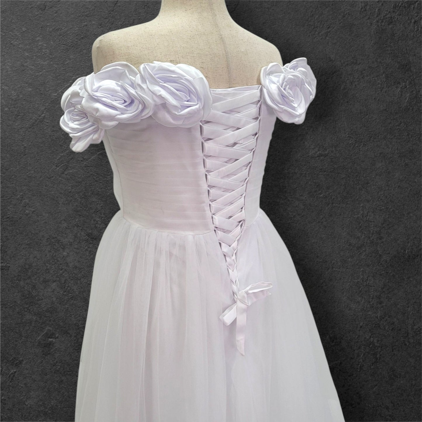 Rose Adorned Wedding Dress with Off Shoulder Sleeves and Corset Back