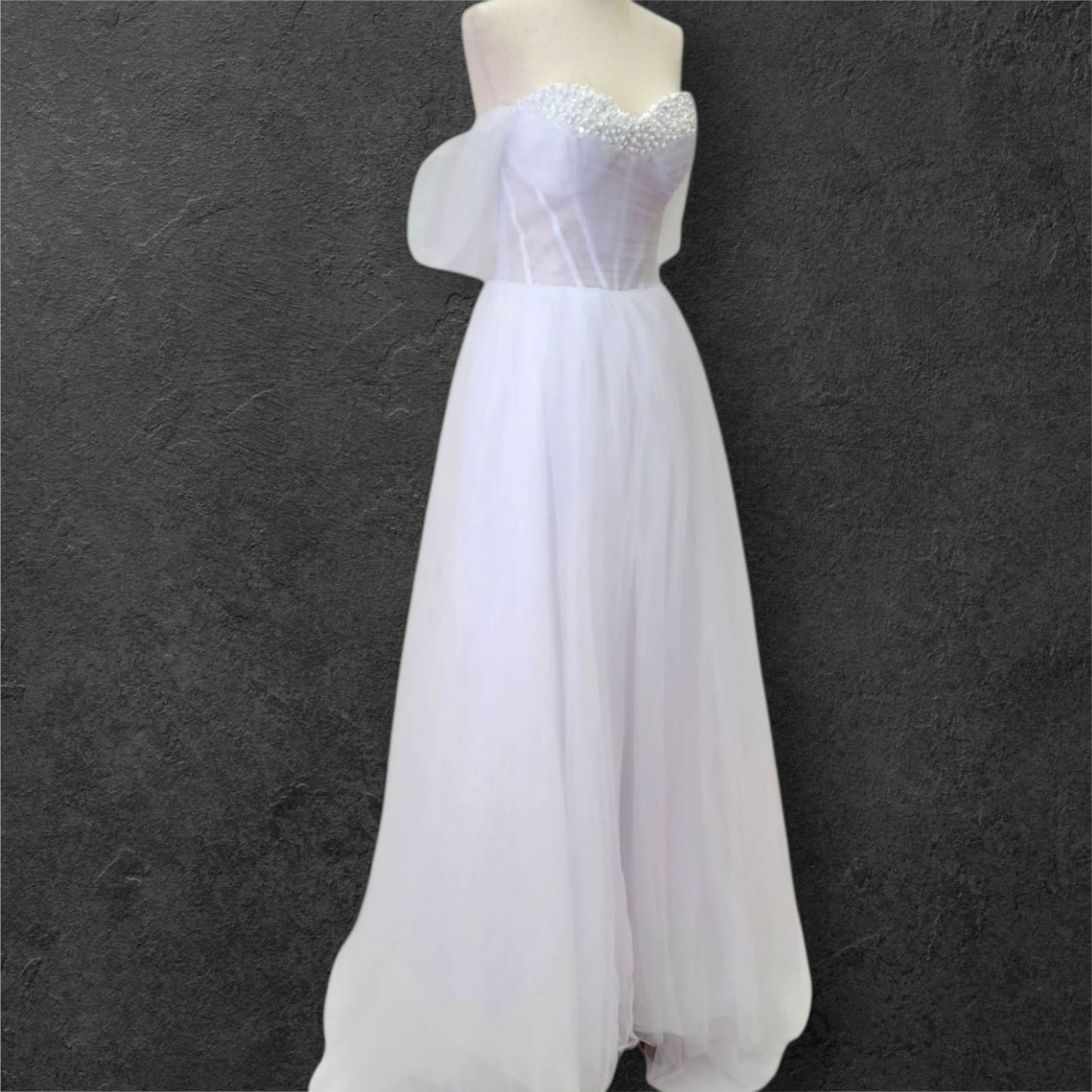 Tulle A Line Wedding Dress with Pearl Design on Bust and Full Corset Back