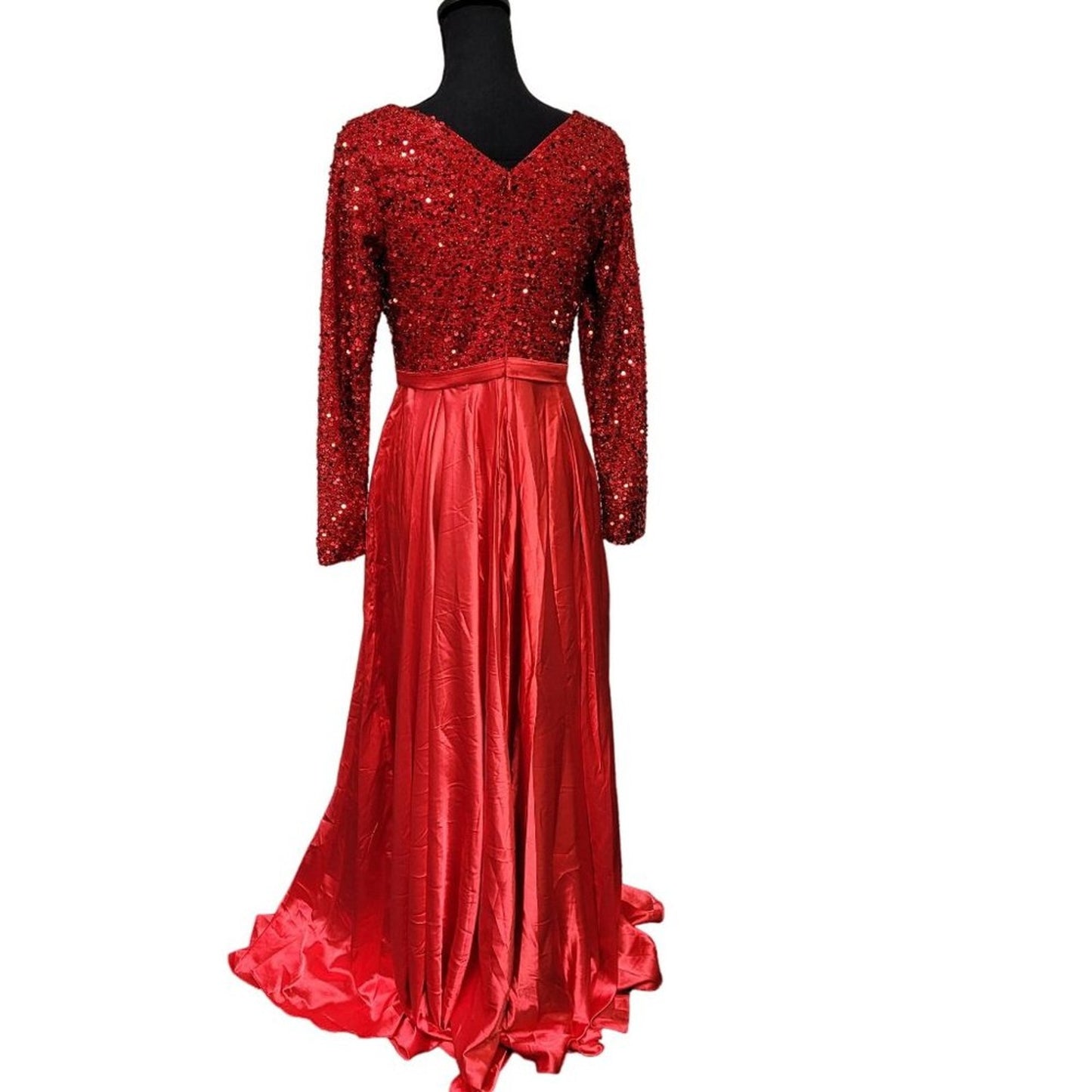 Bright Red Gala Gown with Sequin Bodice and Long Sleeves