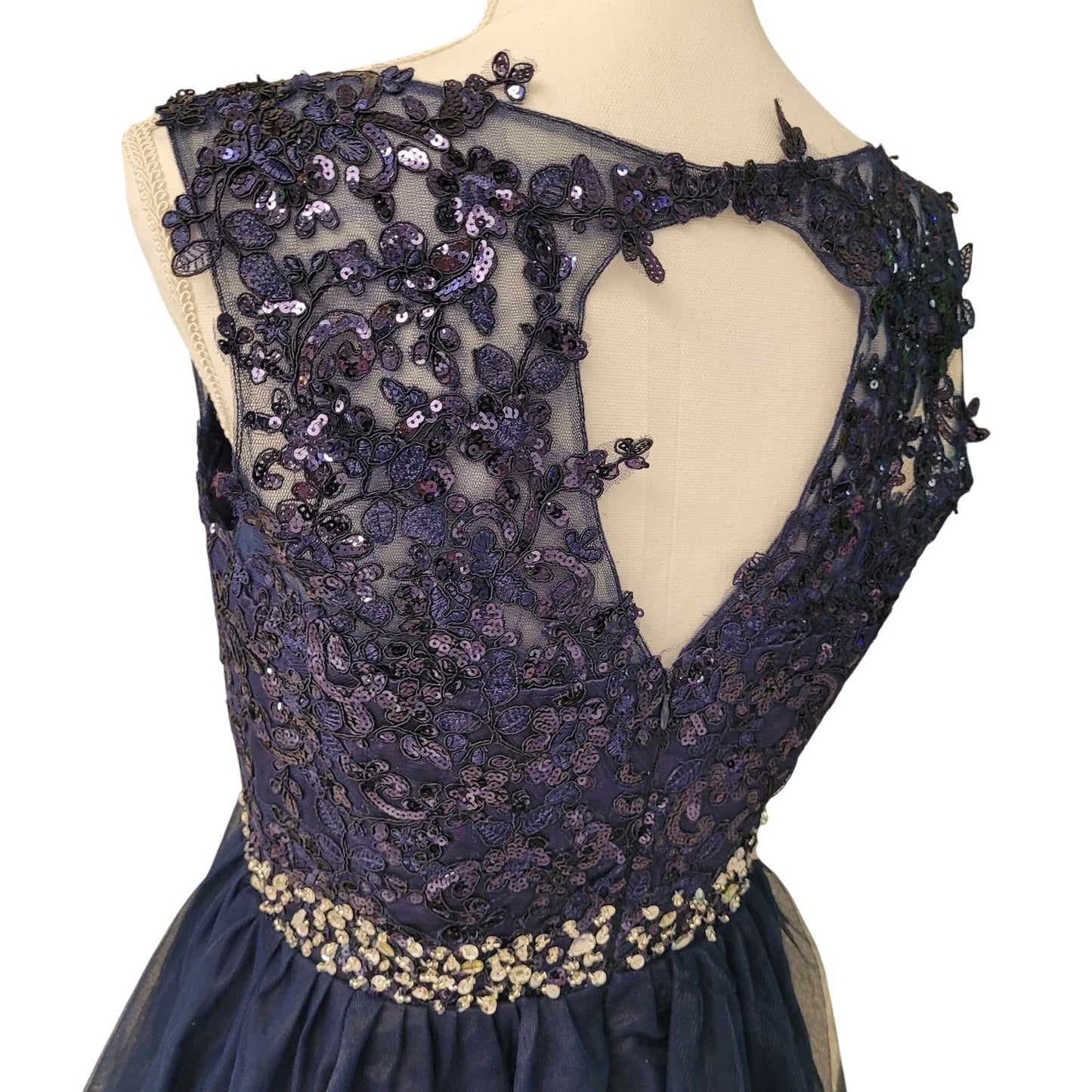 Women's Navy Short Dress Embroidered Bodice Keyhole Back