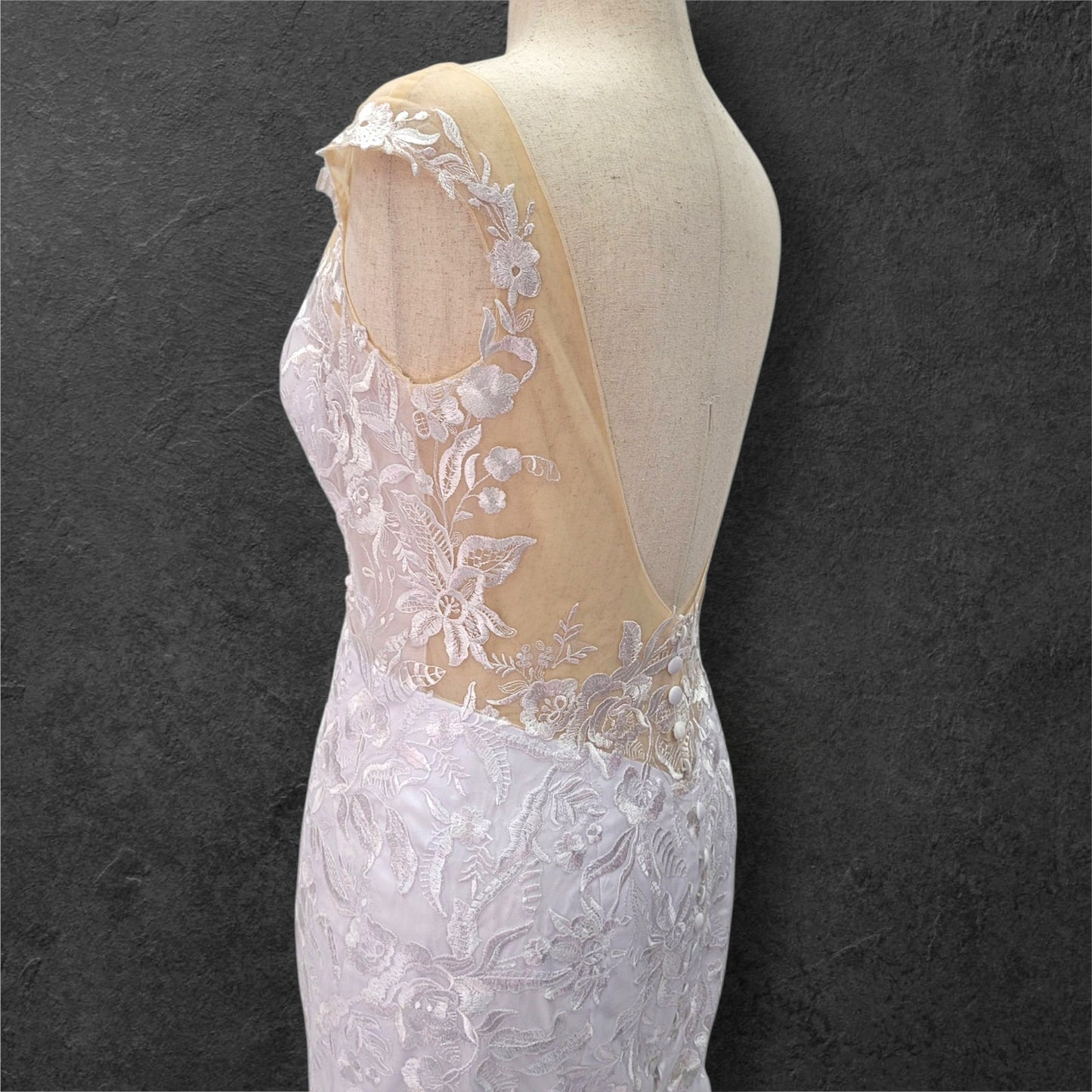 Fit n Flair Wedding Dress with Low Back and Mesh Cap Sleeves and Deep V Neck