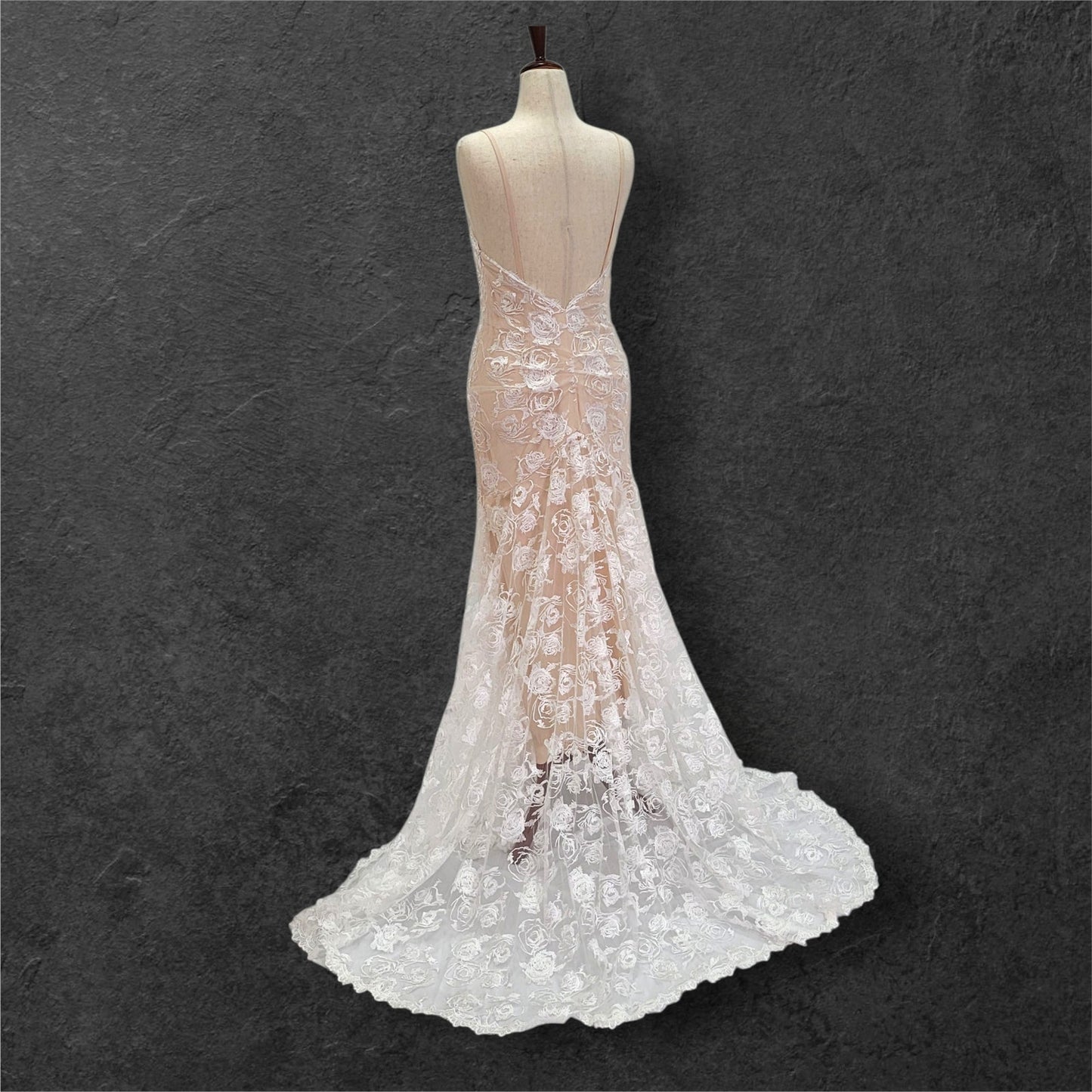 Beige Destination Wedding Dress with White Rose Overlay and Train