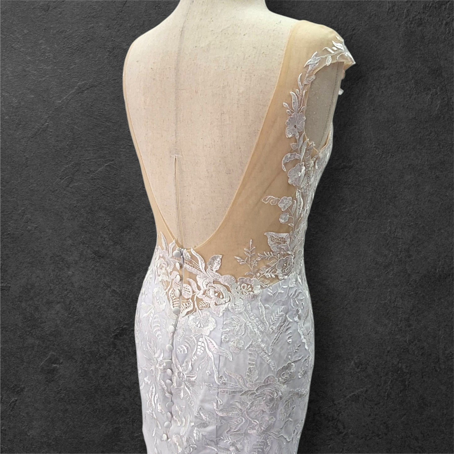 Fit n Flair Wedding Dress with Low Back and Mesh Cap Sleeves and Deep V Neck
