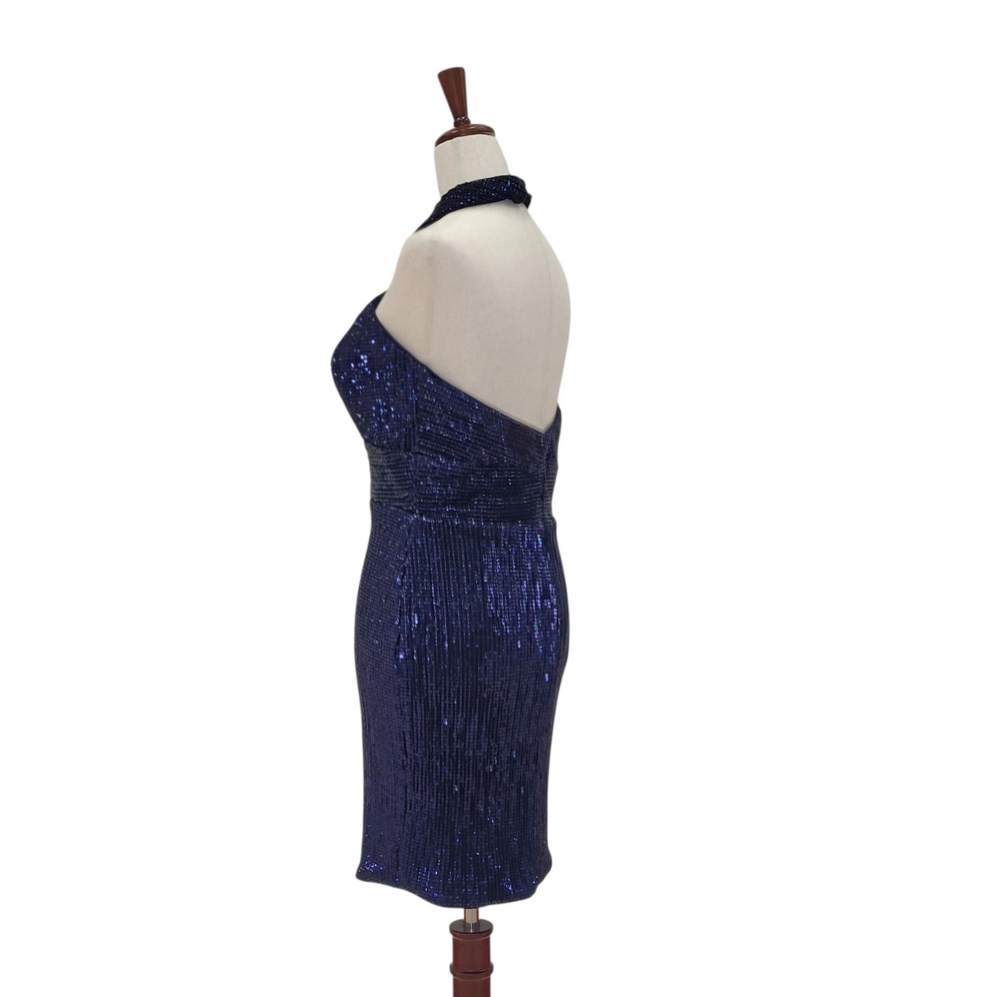Navy Blue Cross Halter Sequin Cocktail Dress with Peekaboo Cutout