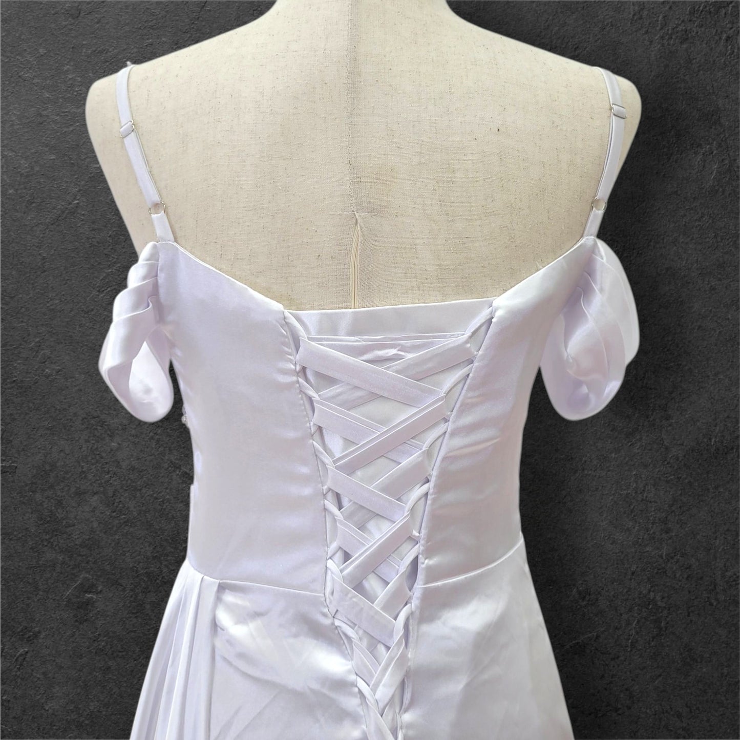 Silky Satin Wedding Dress with Full Corset Back and Off Shoulder Sleeves