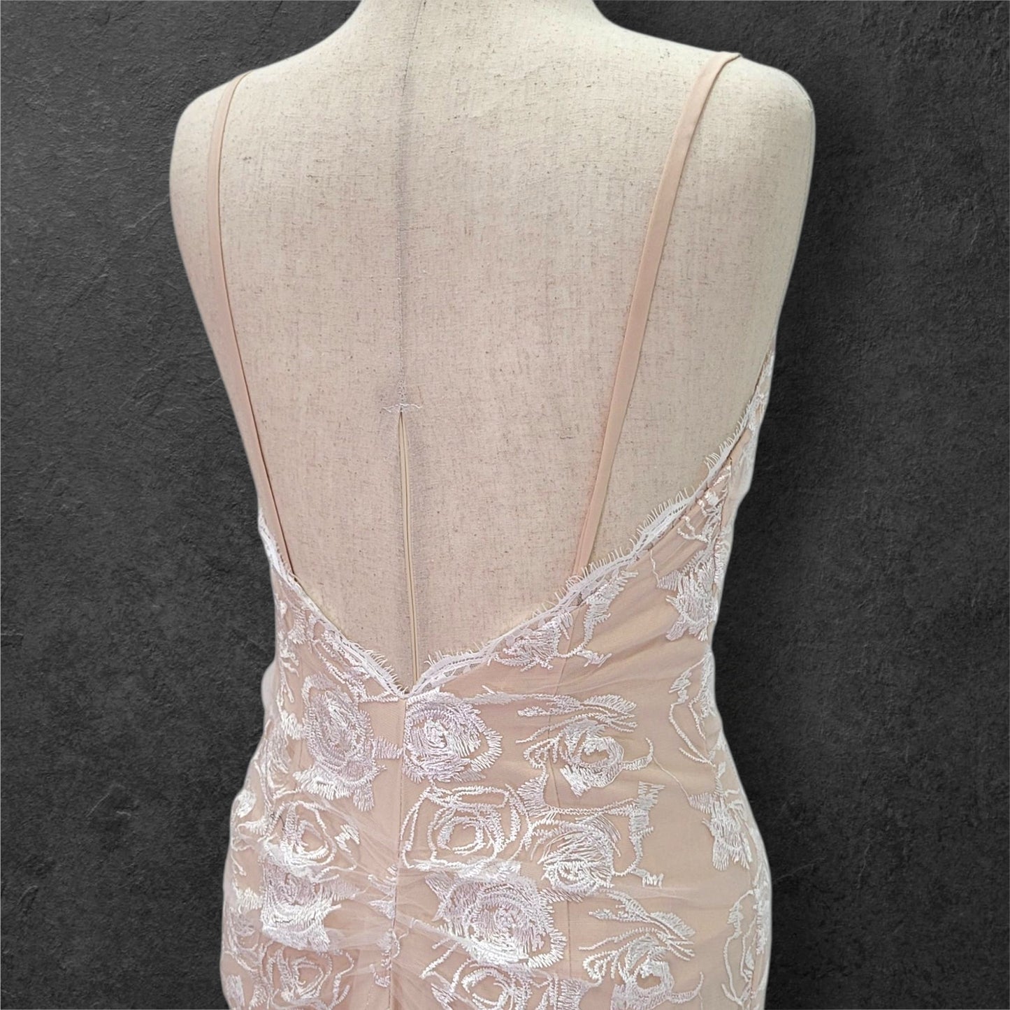 Beige Destination Wedding Dress with White Rose Overlay and Train