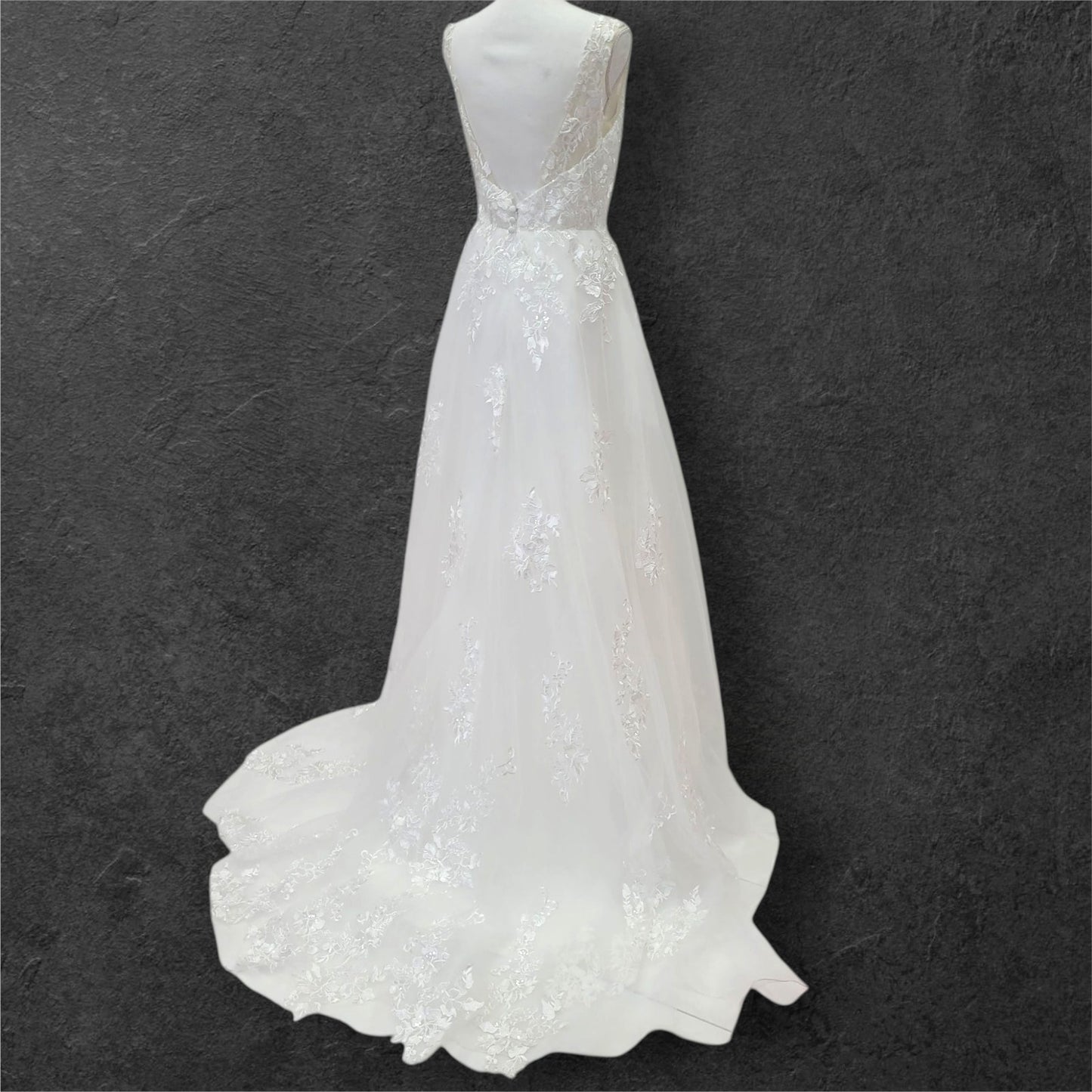 Detailed Low Back Wedding Dress with Train and Plunge V Neck