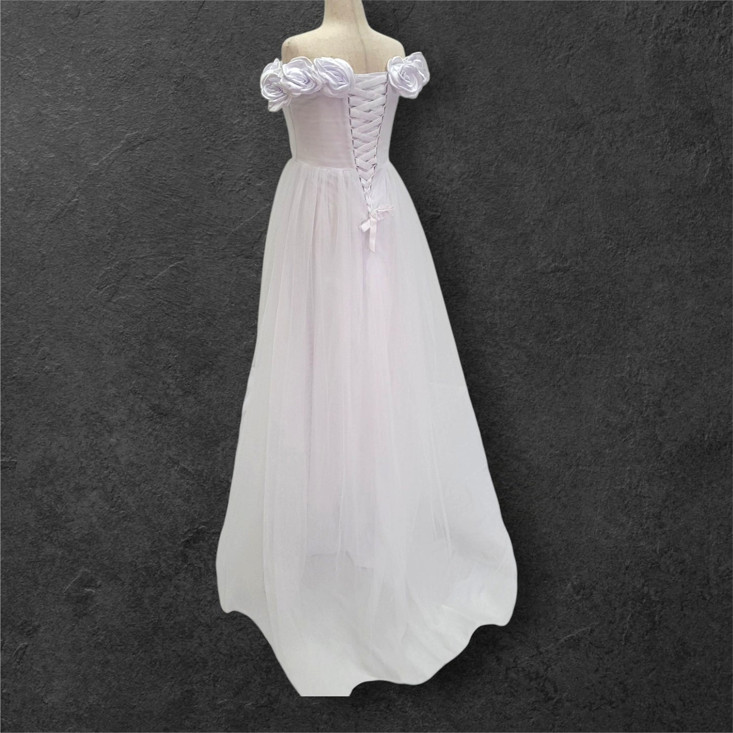 Rose Adorned Wedding Dress with Off Shoulder Sleeves and Corset Back