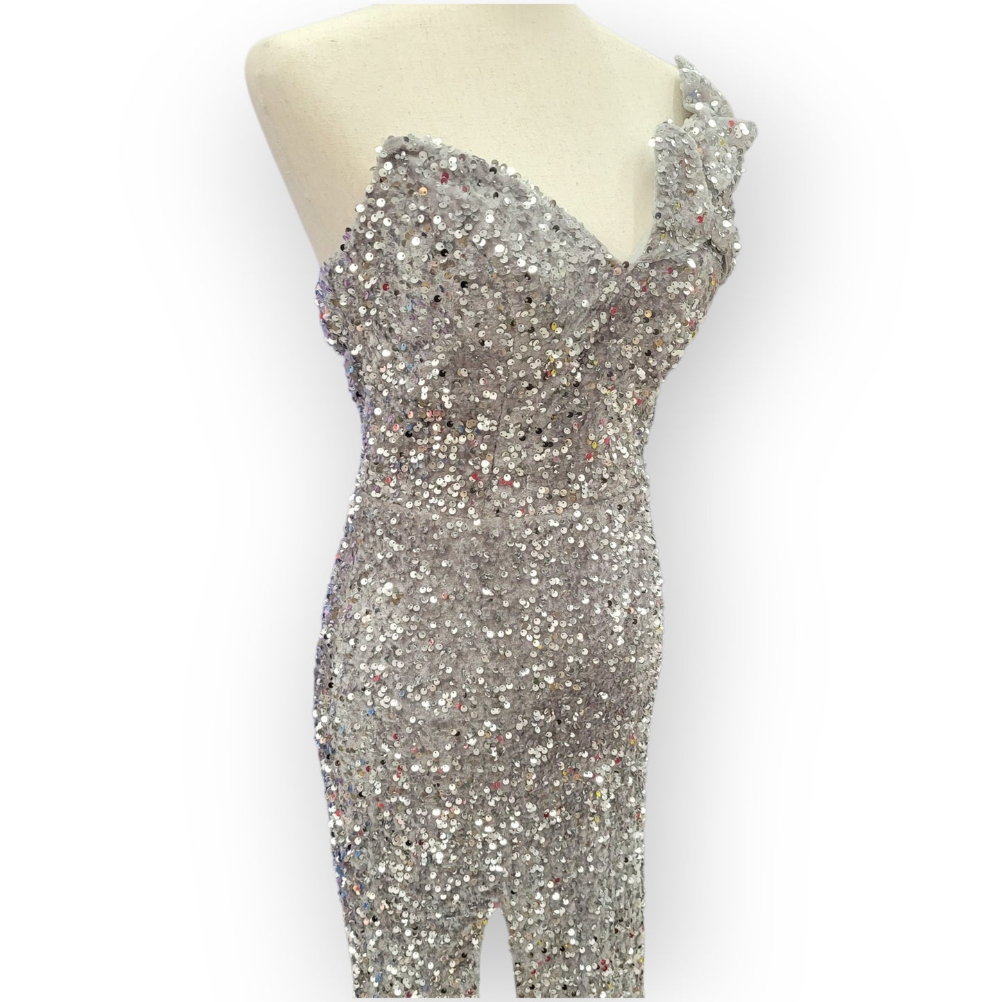 Elegant and Fun Sequin Evening Gown with Decorative Shoulder Strap