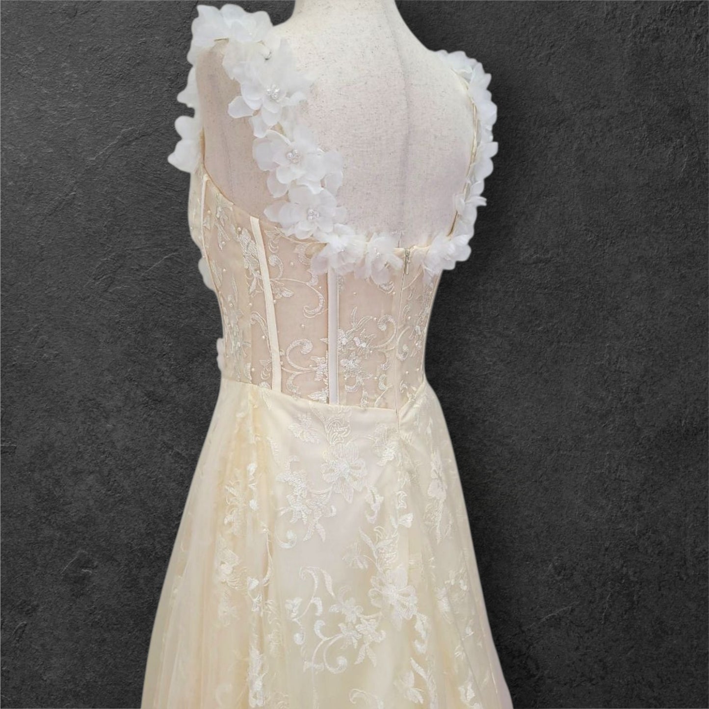Champagne Floral Patterned Ballgown with White Flowers on Straps