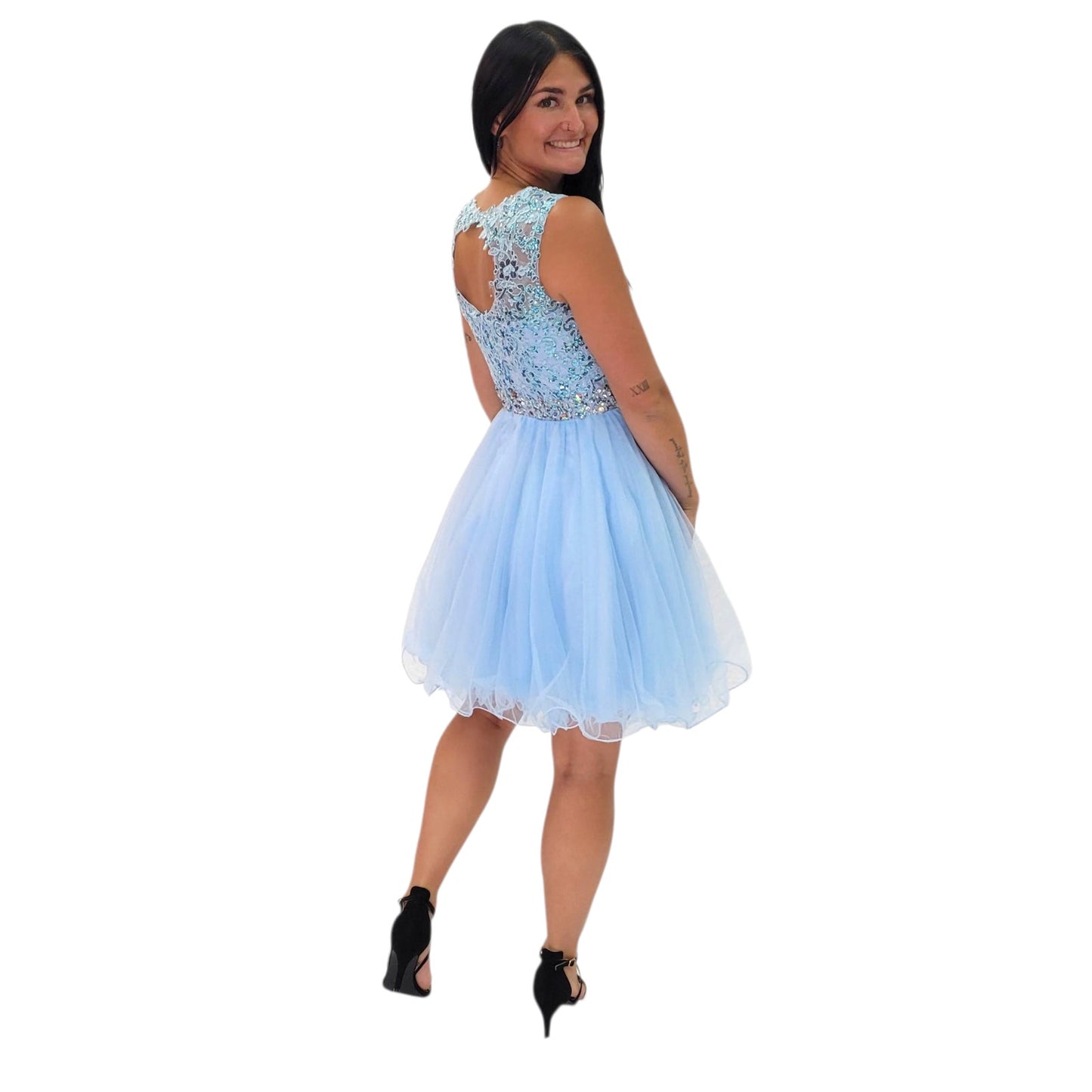 Short Cocktail Dress with Detailed Bodice High Neck and Keyhole Back with Tulle Skirt