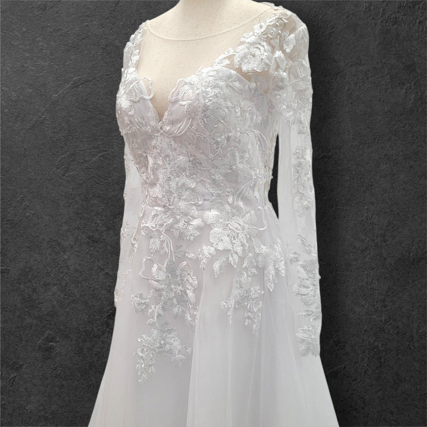 Long Sleeve Tulle Wedding Dress with Sheer Mesh Back with Floral Appliques