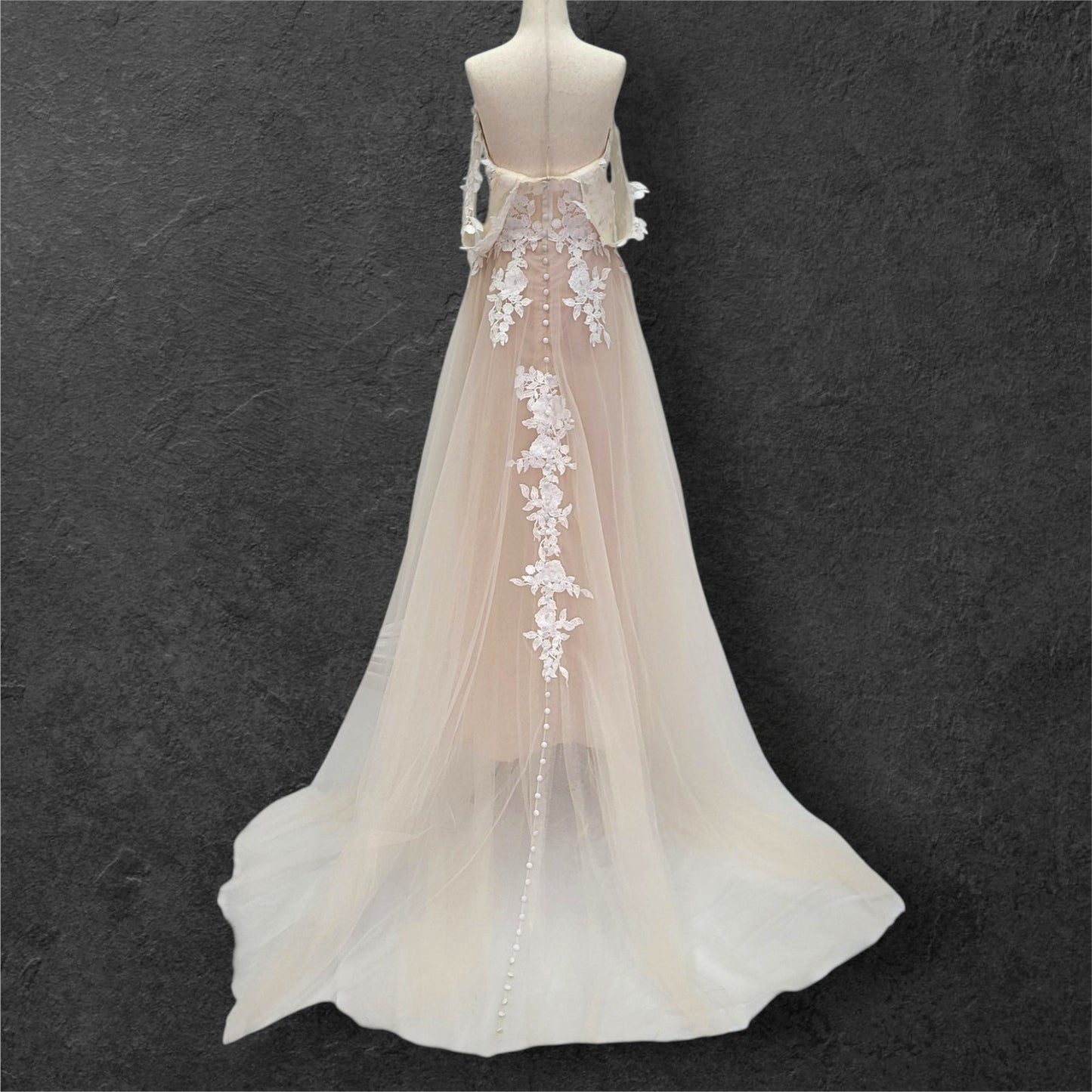 Beige Champagne Wedding Dress with White Floral Appliques