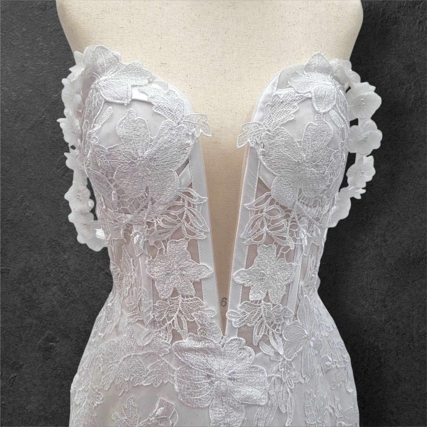Fit n Flair Style Wedding Dress with Plunging V Neck and Train