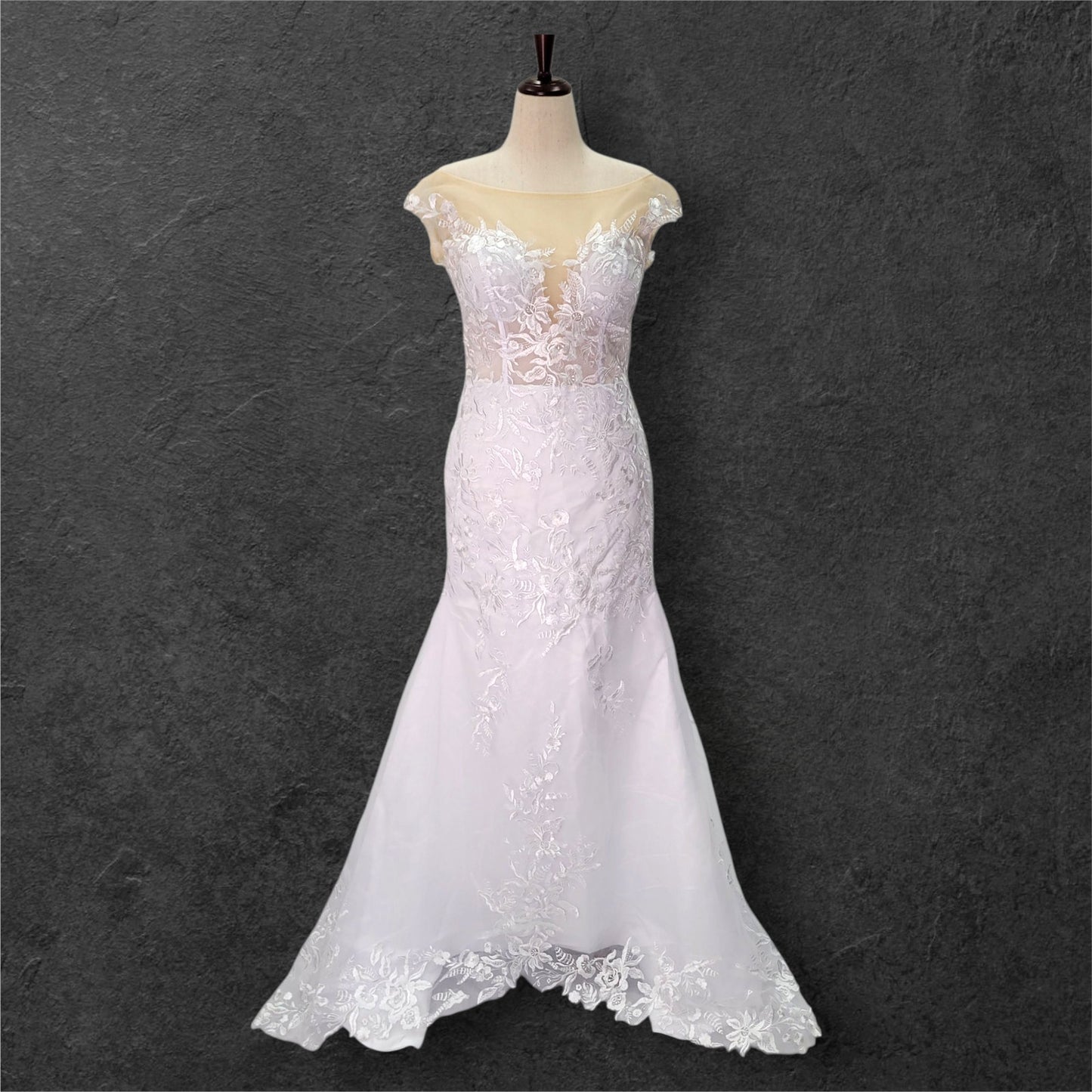Fit n Flair Wedding Dress with Low Back and Mesh Cap Sleeves and Deep V Neck