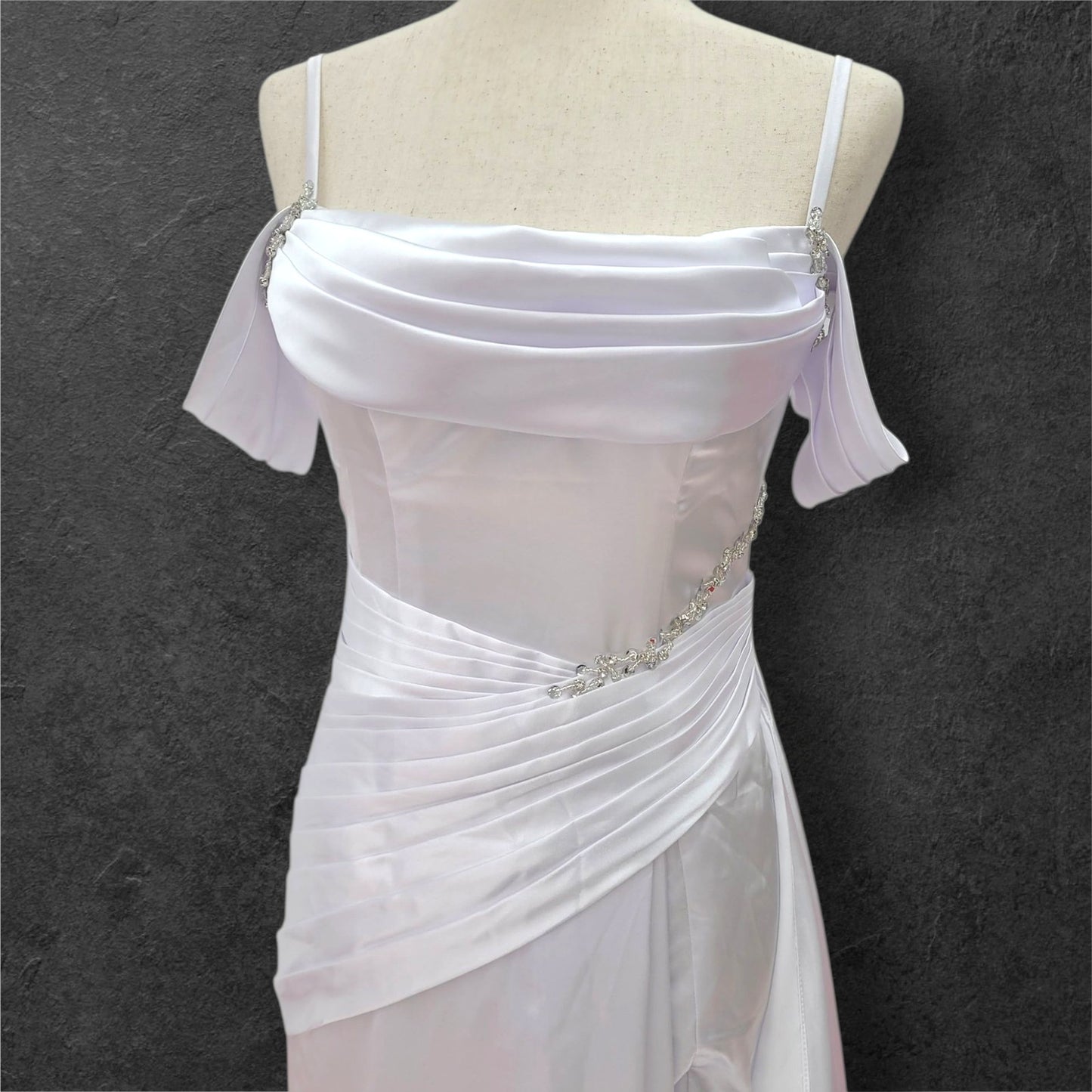 Silky Satin Wedding Dress with Full Corset Back and Off Shoulder Sleeves