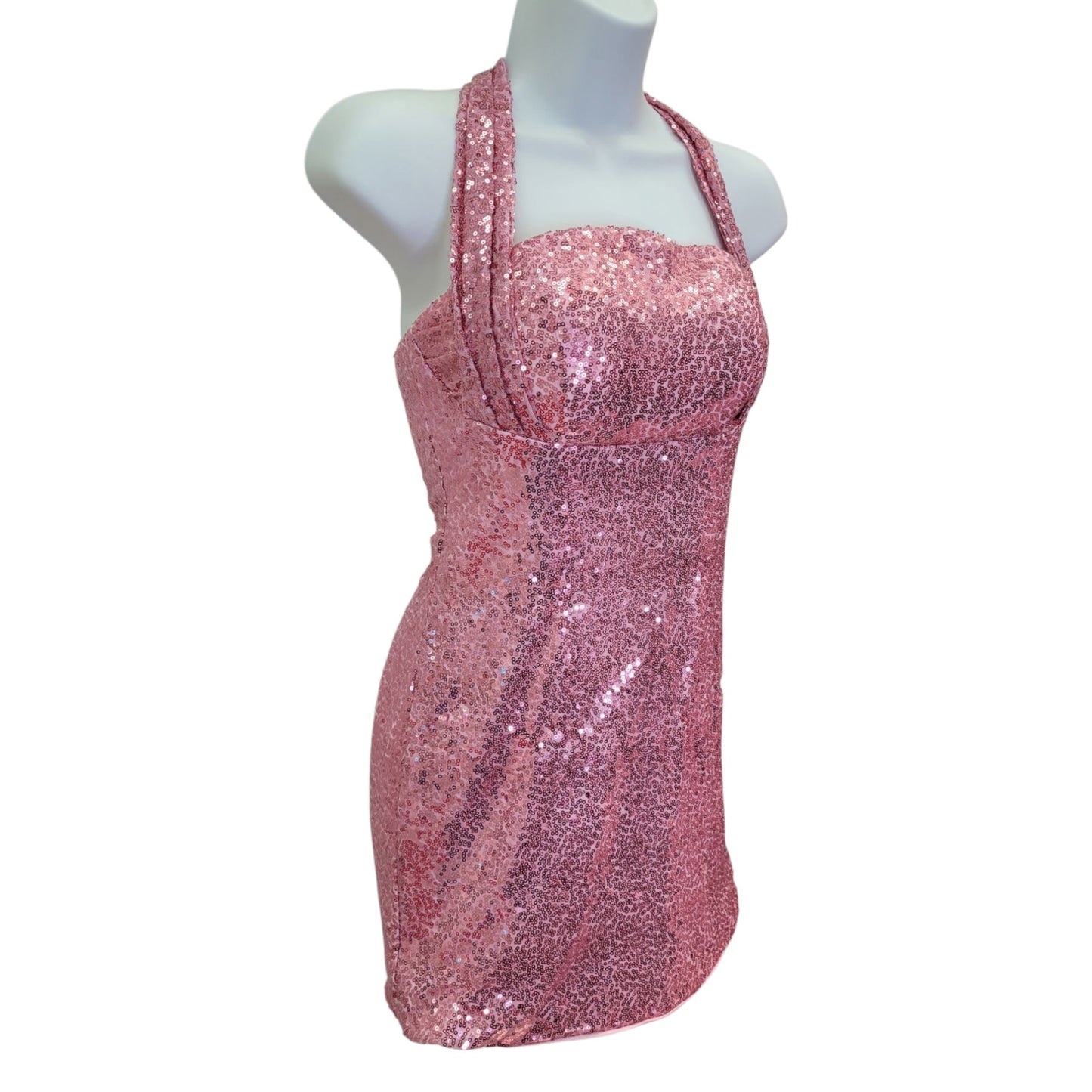 Women's Pink Short Sequin Halter Tie Dress