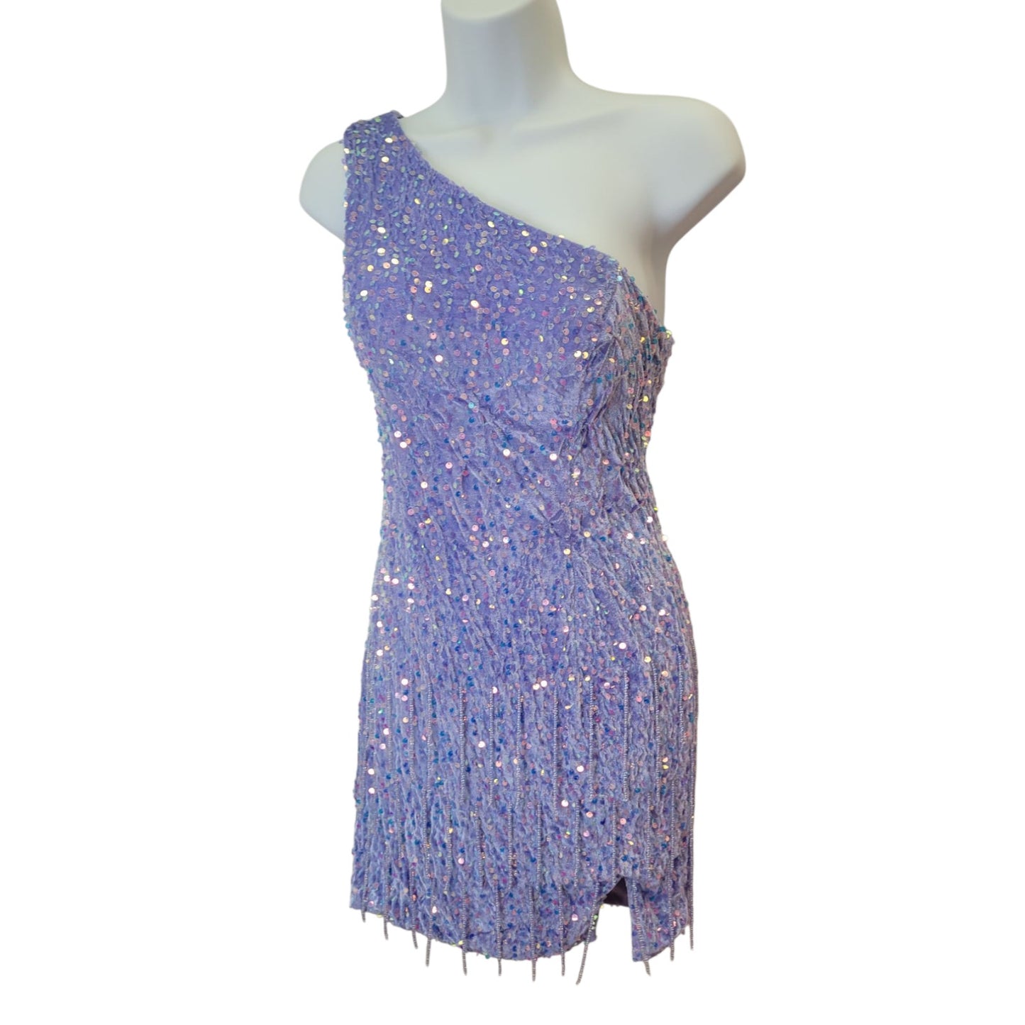 Women's Short Purple Sequin One Shoulder Dress with Beaded Fringe