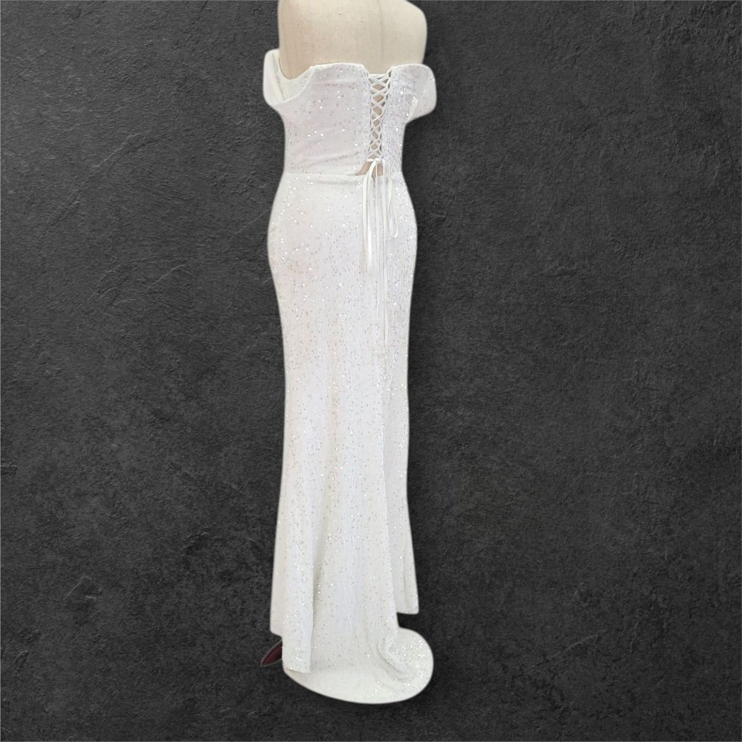 Hip Hugging Sequin Wedding Dress with Off Shoulder Sleeves and Corset Back