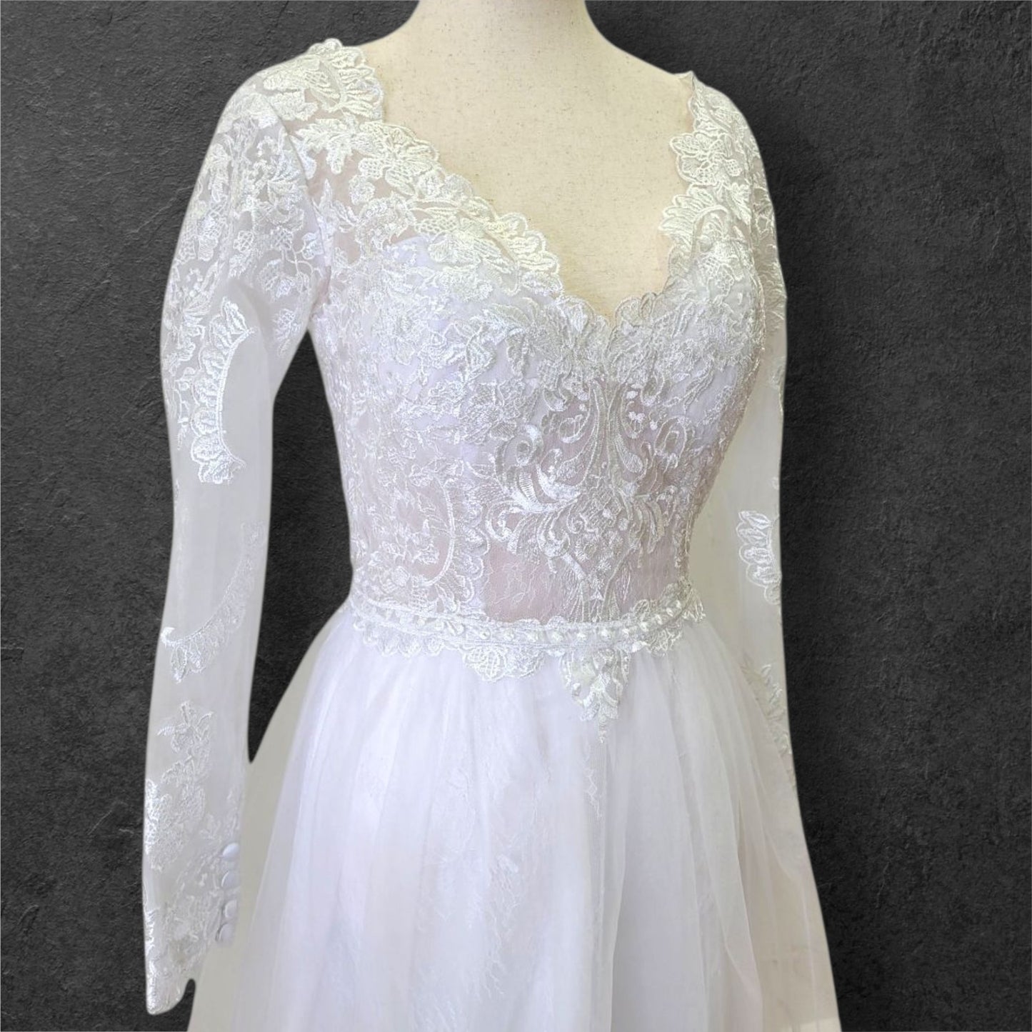 Long Sleeve A Line Tulle Wedding Dress with Fitted Lace Sleeves and Bodice