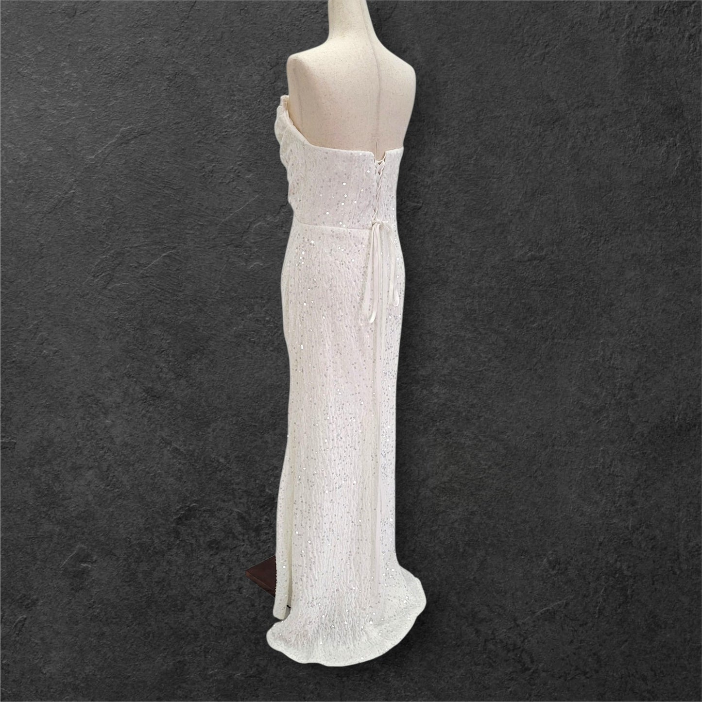 Strapless White Sequin Gown with Corset Back and Leg Slit