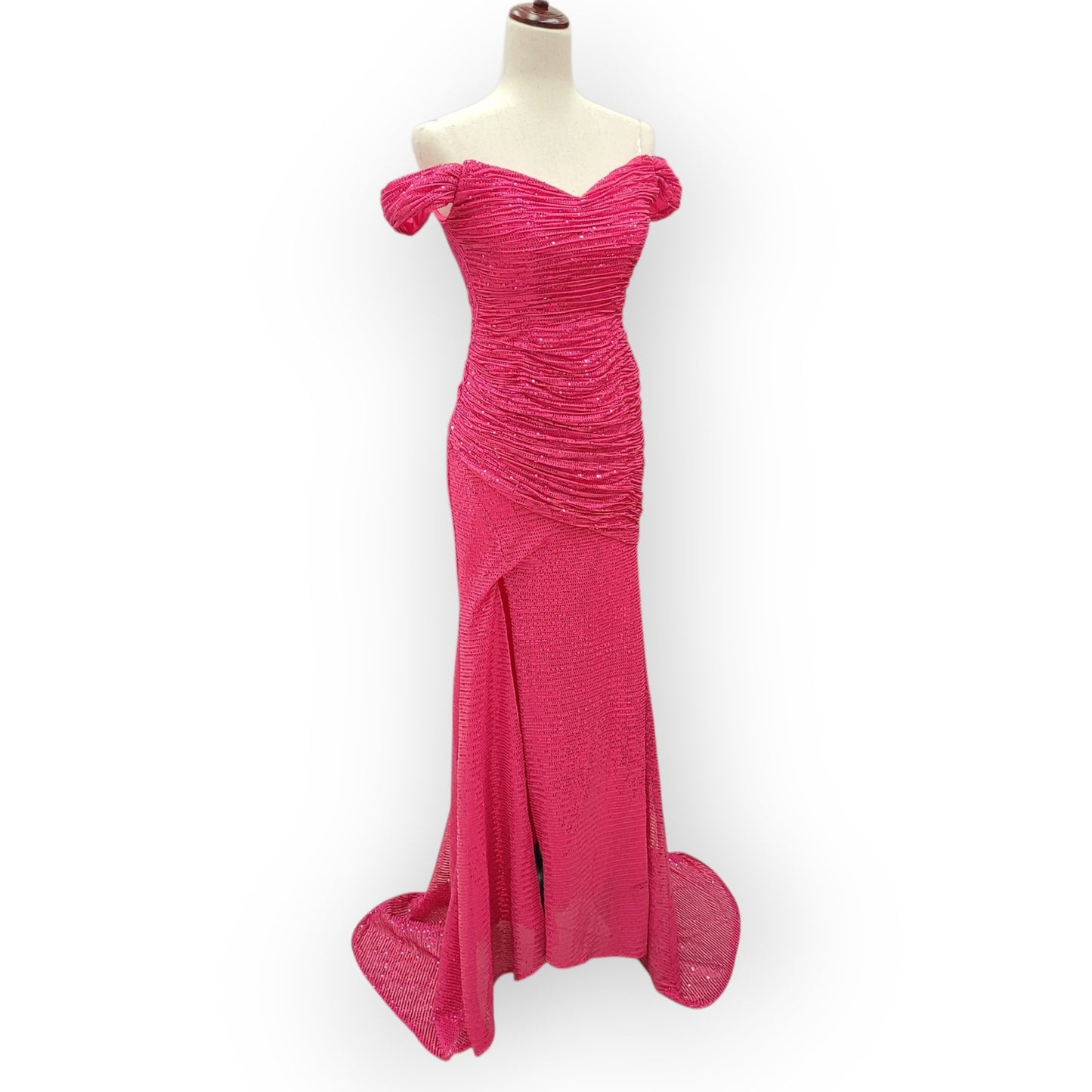 Hot Pink Sequin Evening Gown with Off-Shoulder Sleeves and Train