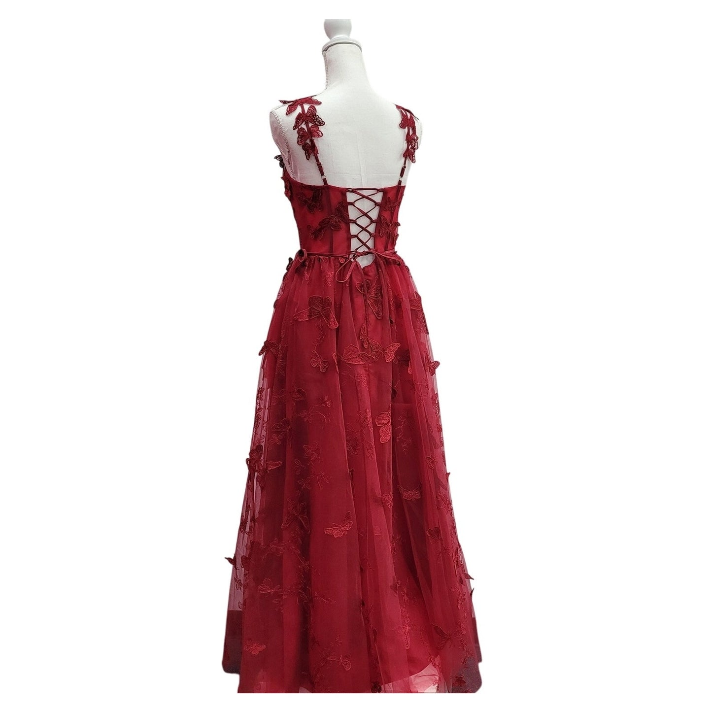 Women's Crimson Red Butterfly Dress with Corset Back