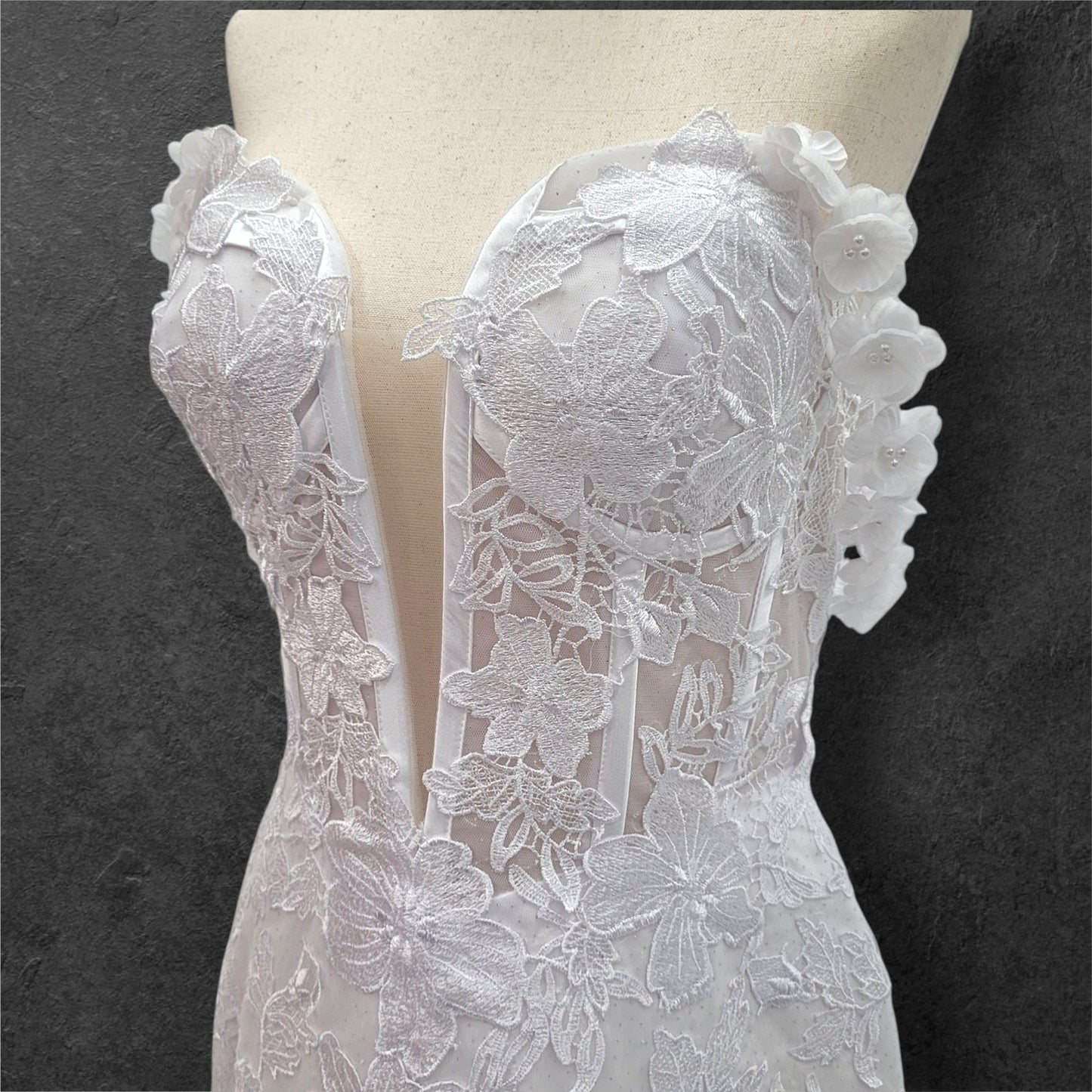 Fit n Flair Style Wedding Dress with Plunging V Neck and Train