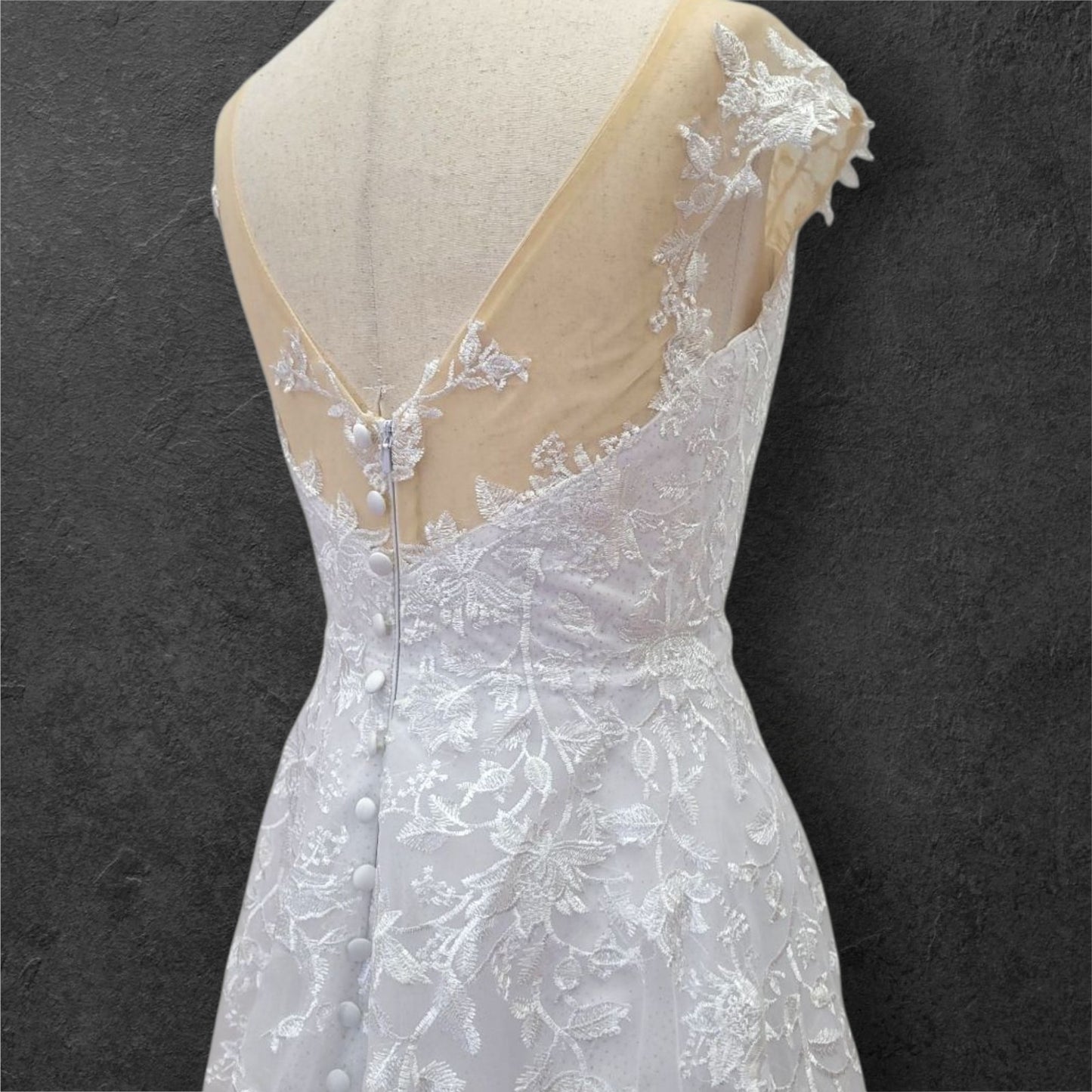 Deep V Neck Wedding Dress with Mesh Lace Cap Sleeves