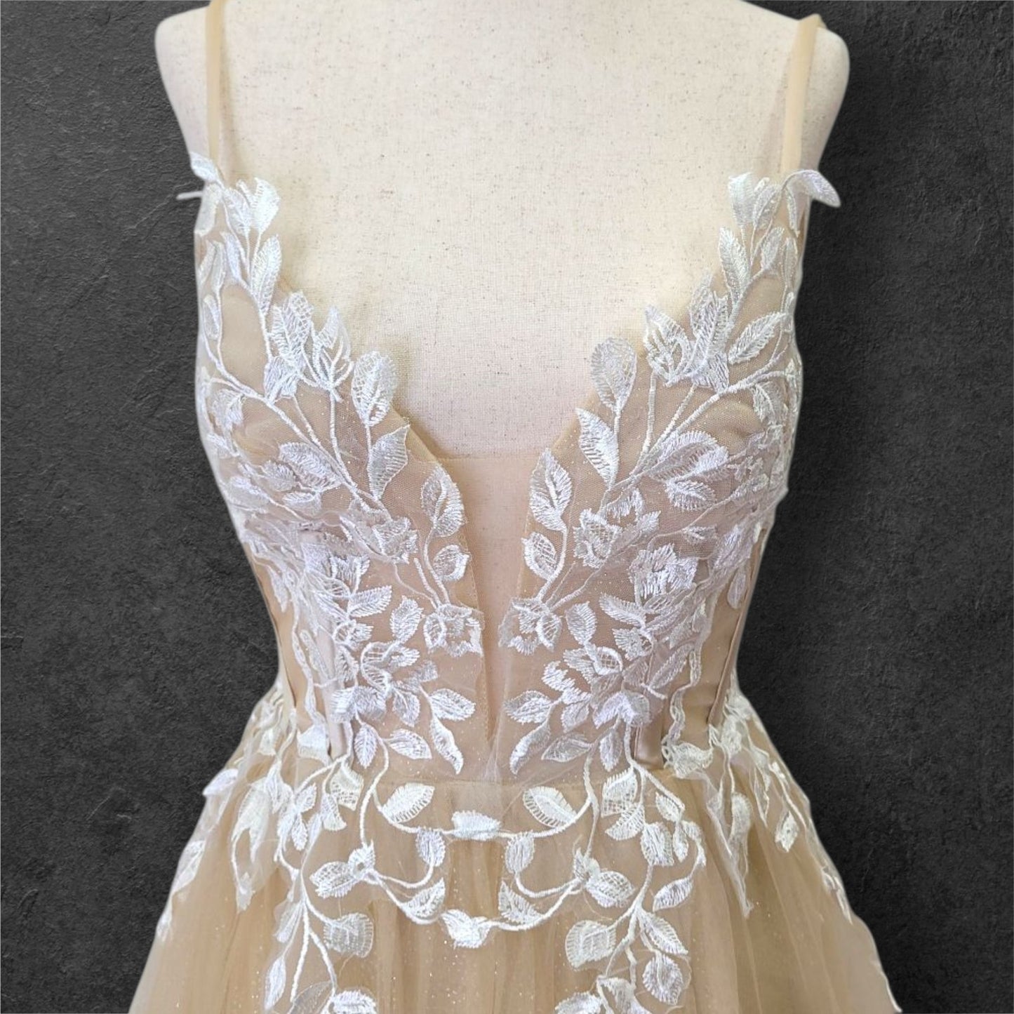 Beige Ballgown Wedding Dress with White Floral Appliques