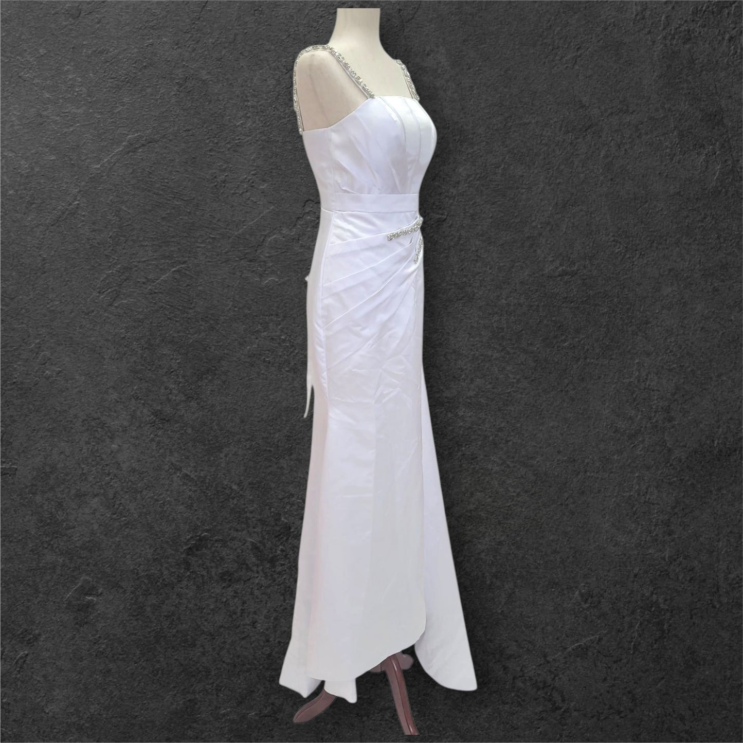 Fitted Satin White Gown with Large Jeweled Straps and Bodice Design