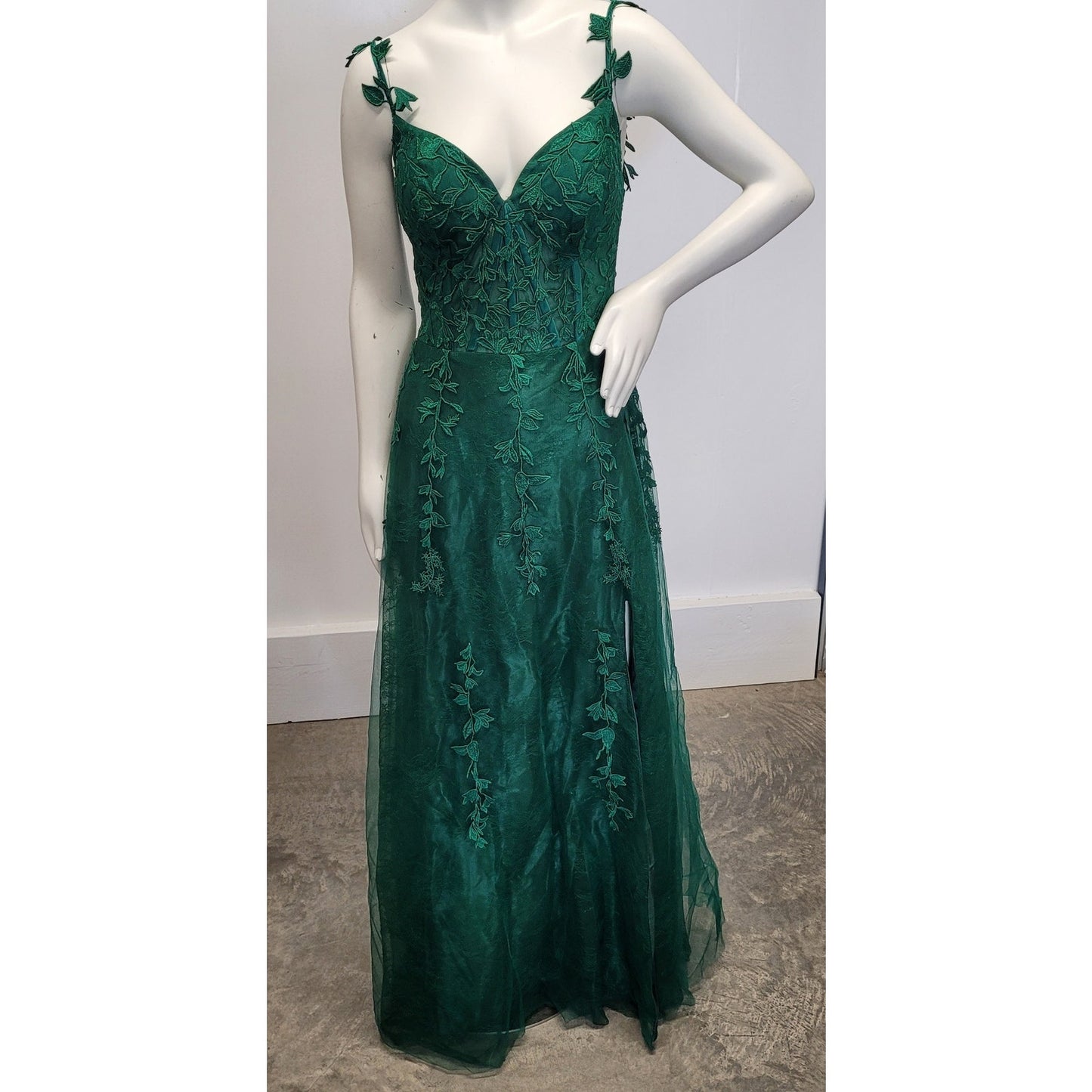Vine Dress with Semi-Sheer Bodice Corset Back Tulle Skirt Evergreen