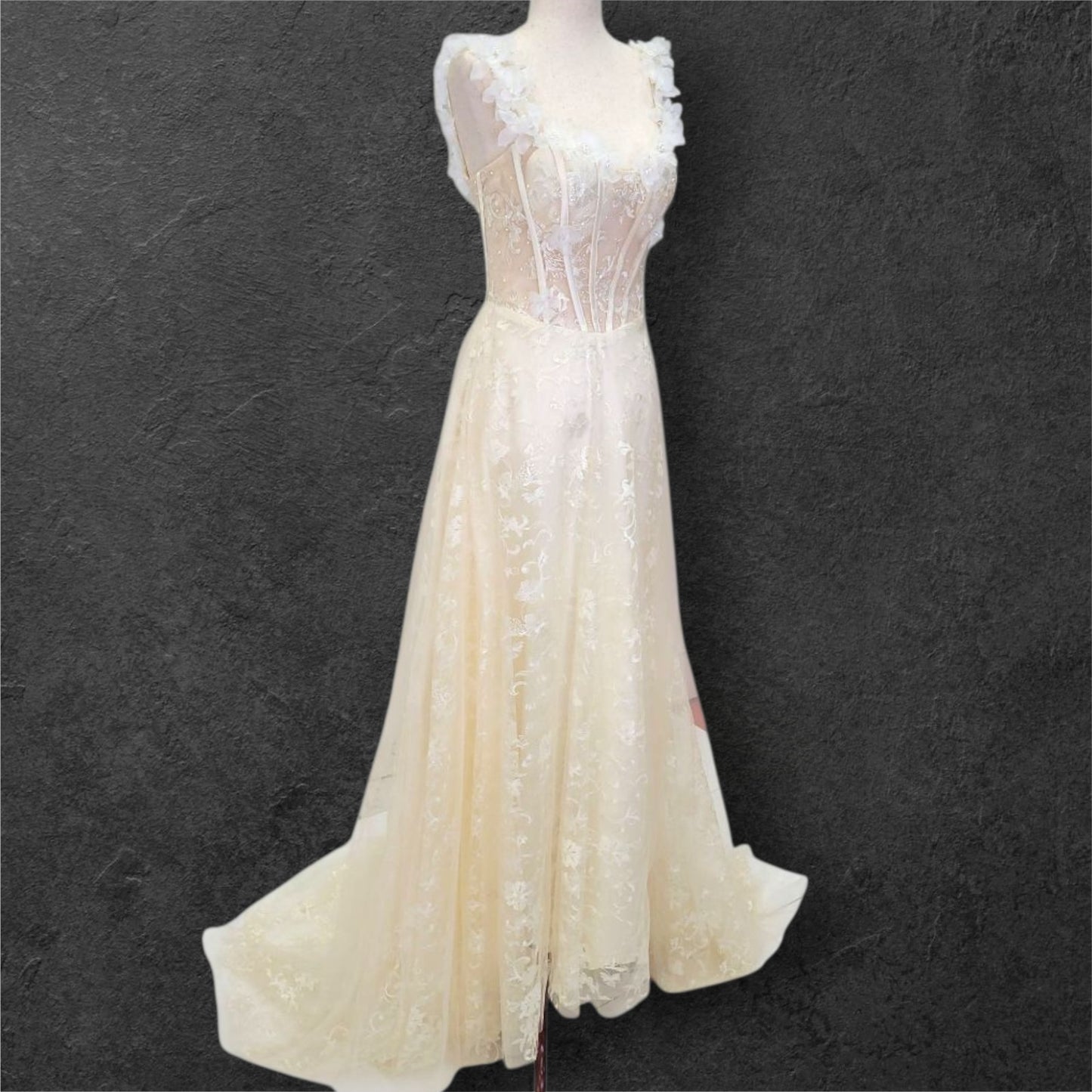 Champagne Floral Patterned Ballgown with White Flowers on Straps