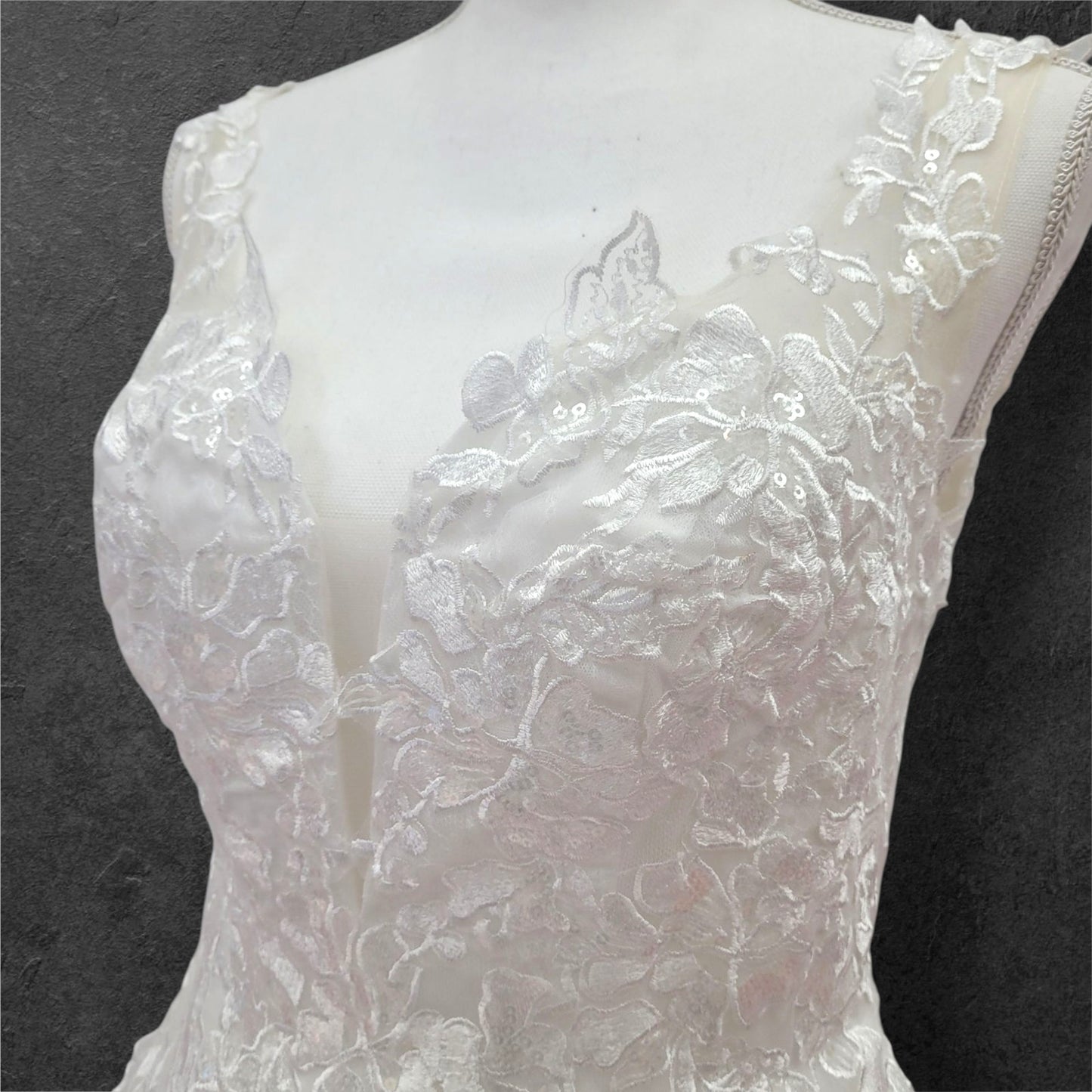 Detailed Low Back Wedding Dress with Train and Plunge V Neck
